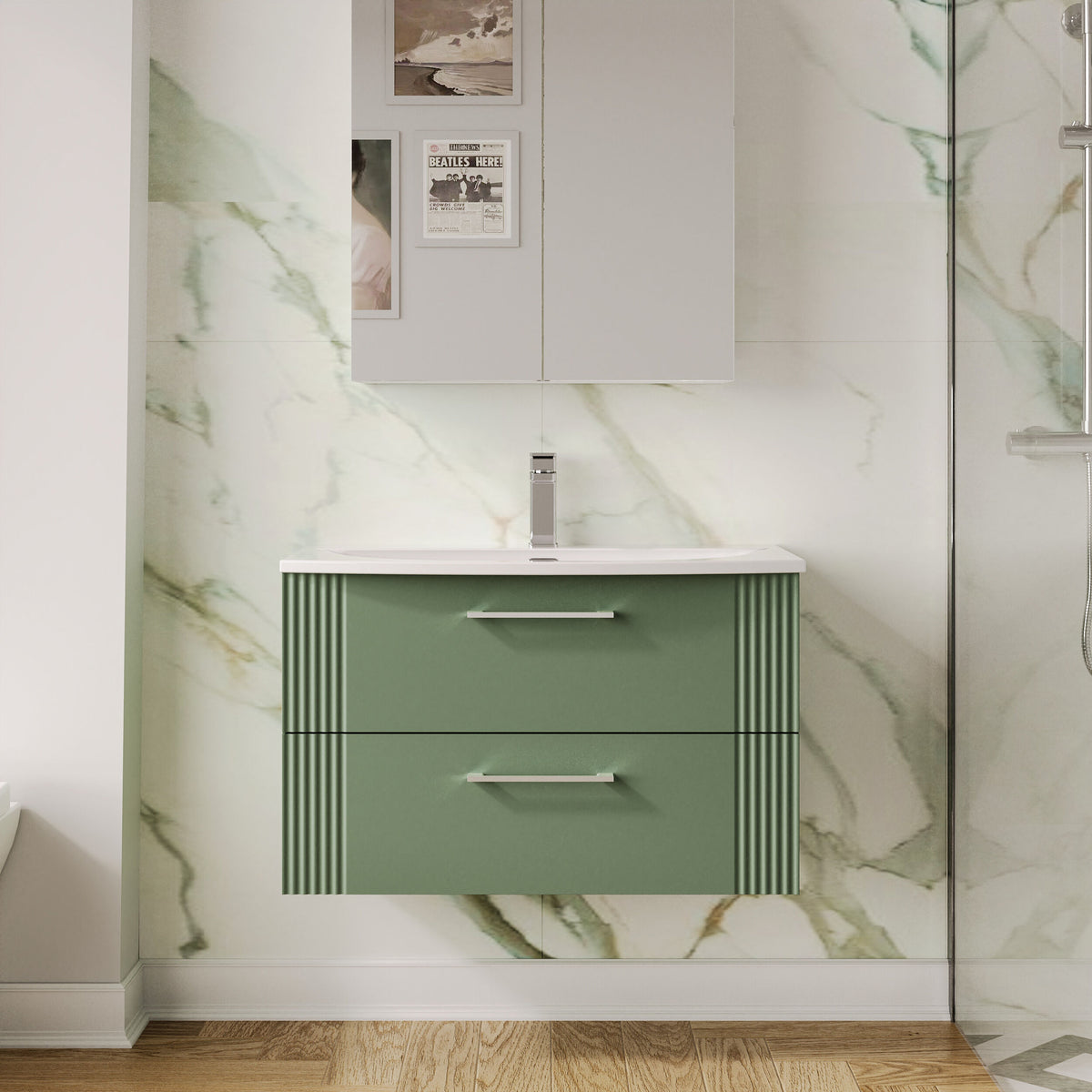 Modern Splash 800mm Satin Green 2 Drawer Wall Hung Vanity Unit With Curved Basin