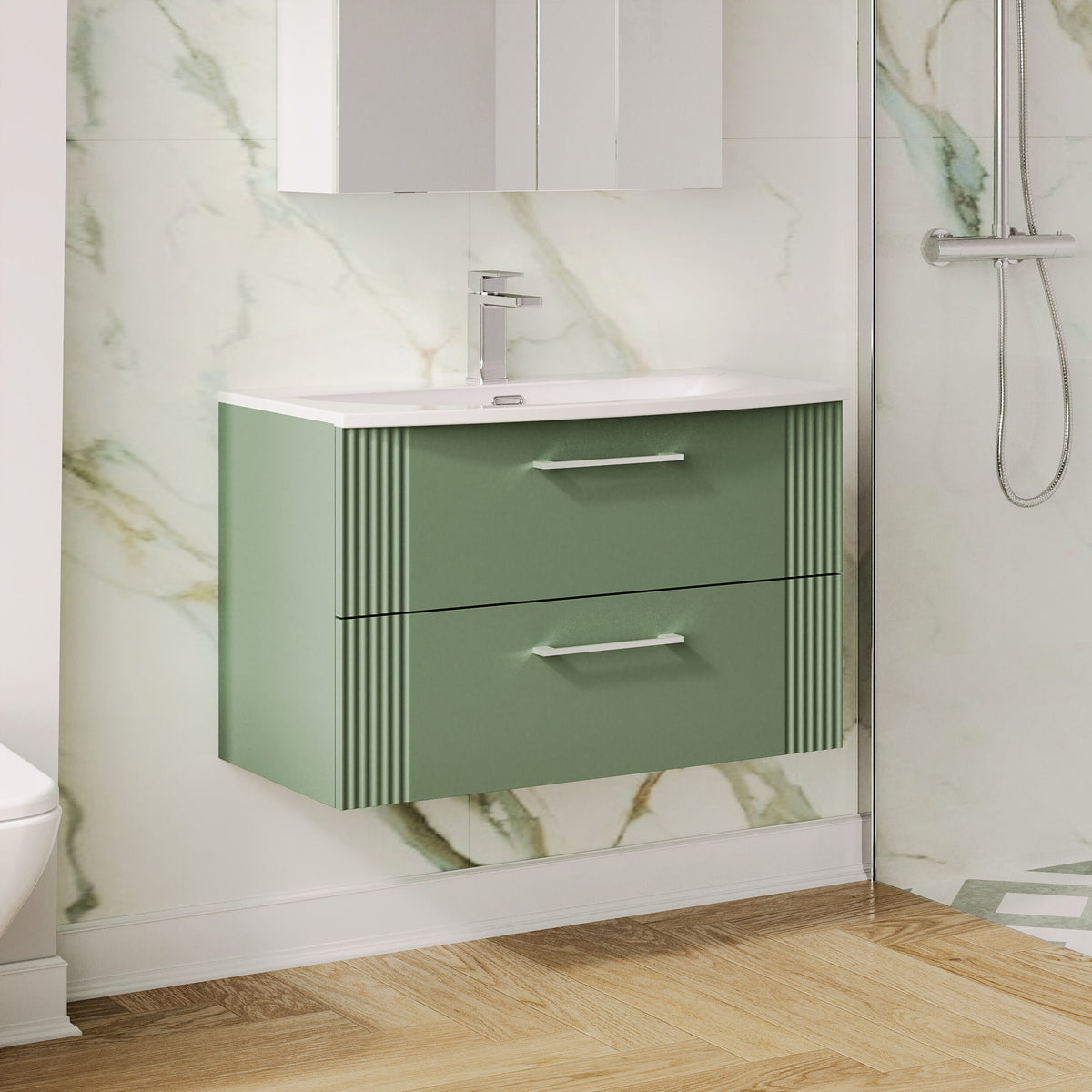 Modern Splash 800mm Satin Green 2 Drawer Wall Hung Vanity Unit With Curved Basin