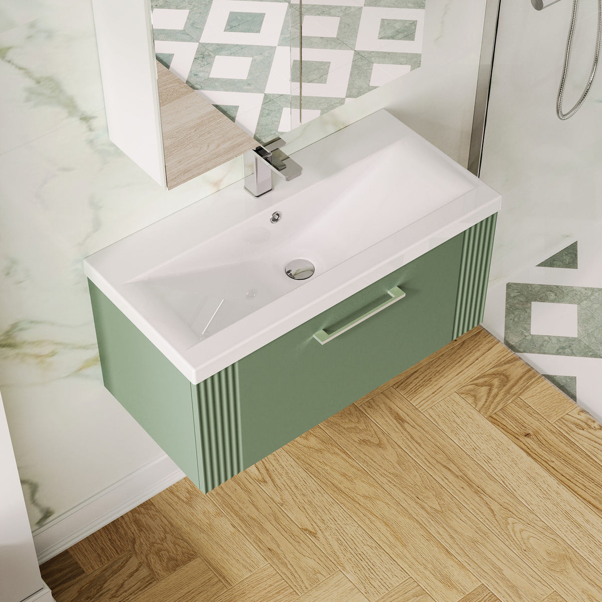 Modern Splash 800mm Satin Green 1 Drawer Wall Hung Vanity Unit With Mid-Edge Basin