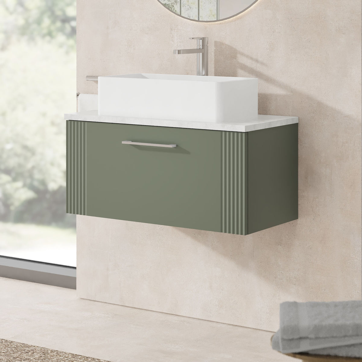 Modern Splash 800mm Satin Green Part Fluted 1 Drawer Wall Hung Vanity With Bellato Grey Worktop