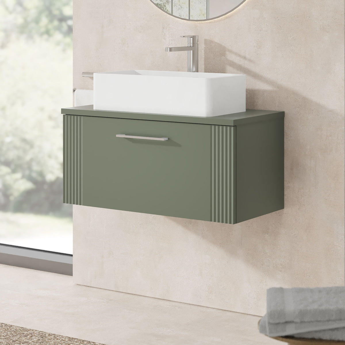 Modern Splash 800mm Satin Green Part Fluted 1 Drawer Wall Hung Vanity Unit With Co-ordinating Worktop