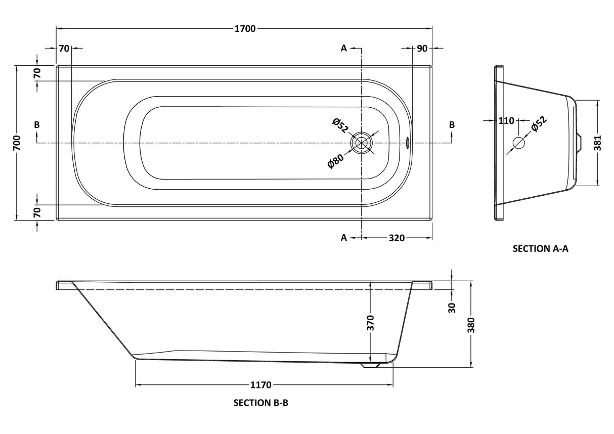 Arley Pro Contract 1700mm Steel Single Ended Bath