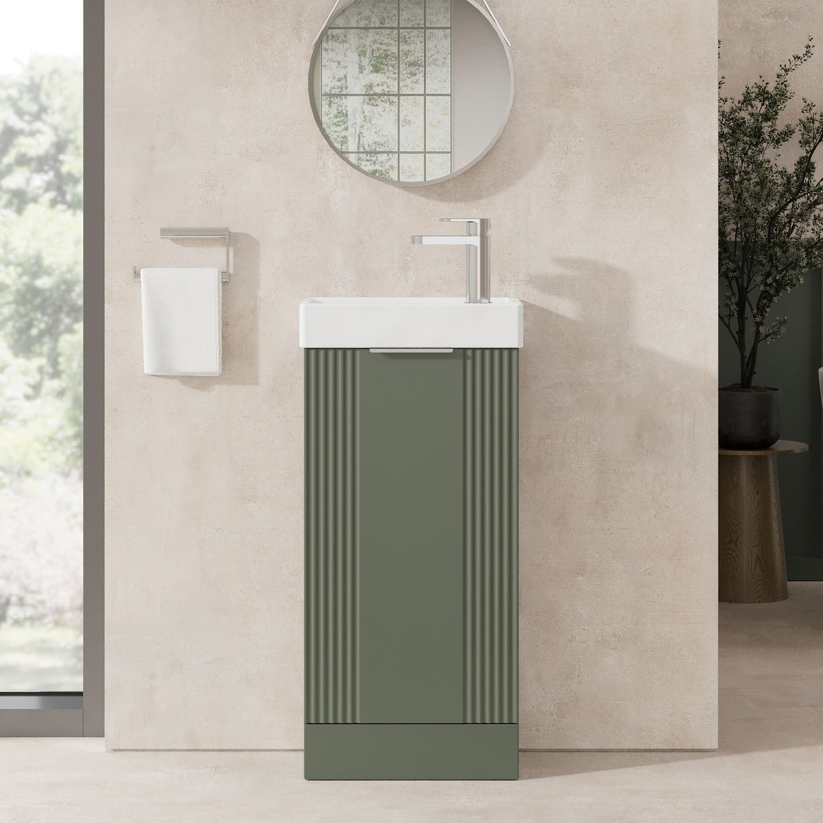 Modern Splash Compact 400mm Satin Green 1 Door Floor Standing Vanity Unit With Ceramic Basin