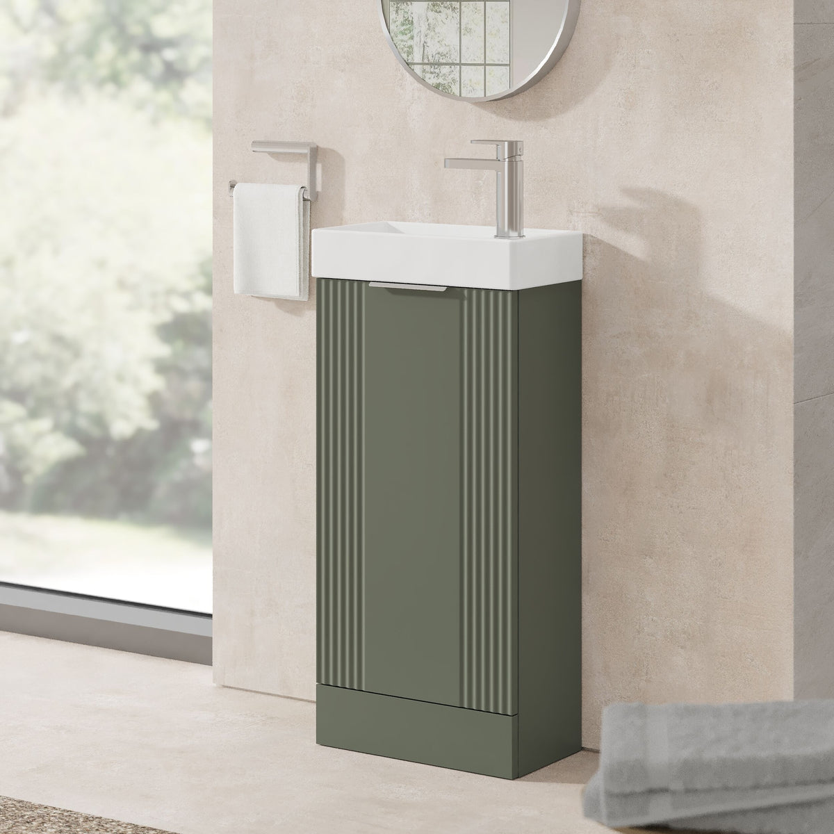 Modern Splash Compact 400mm Satin Green 1 Door Floor Standing Vanity Unit With Ceramic Basin