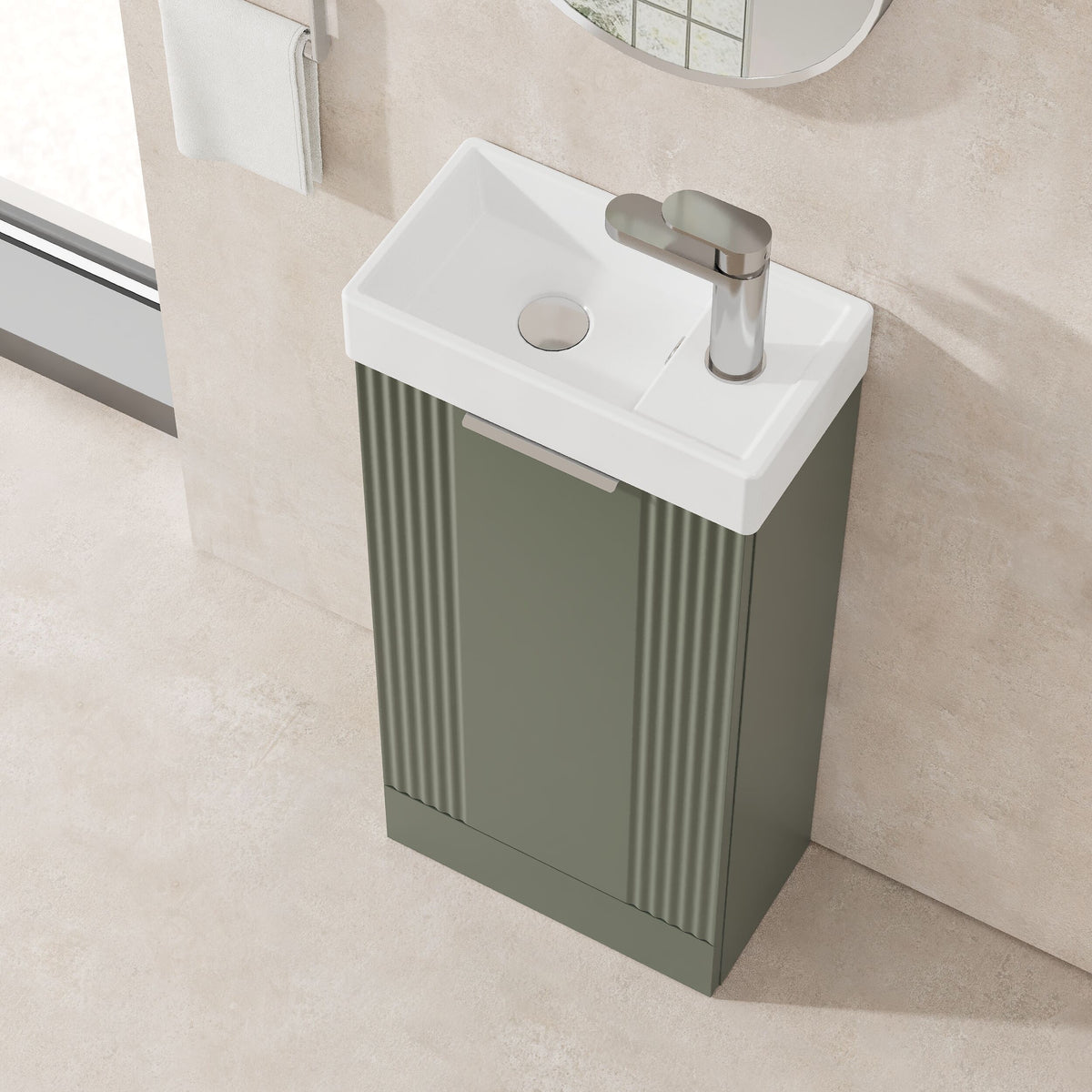 Modern Splash Compact 400mm Satin Green 1 Door Floor Standing Vanity Unit With Ceramic Basin