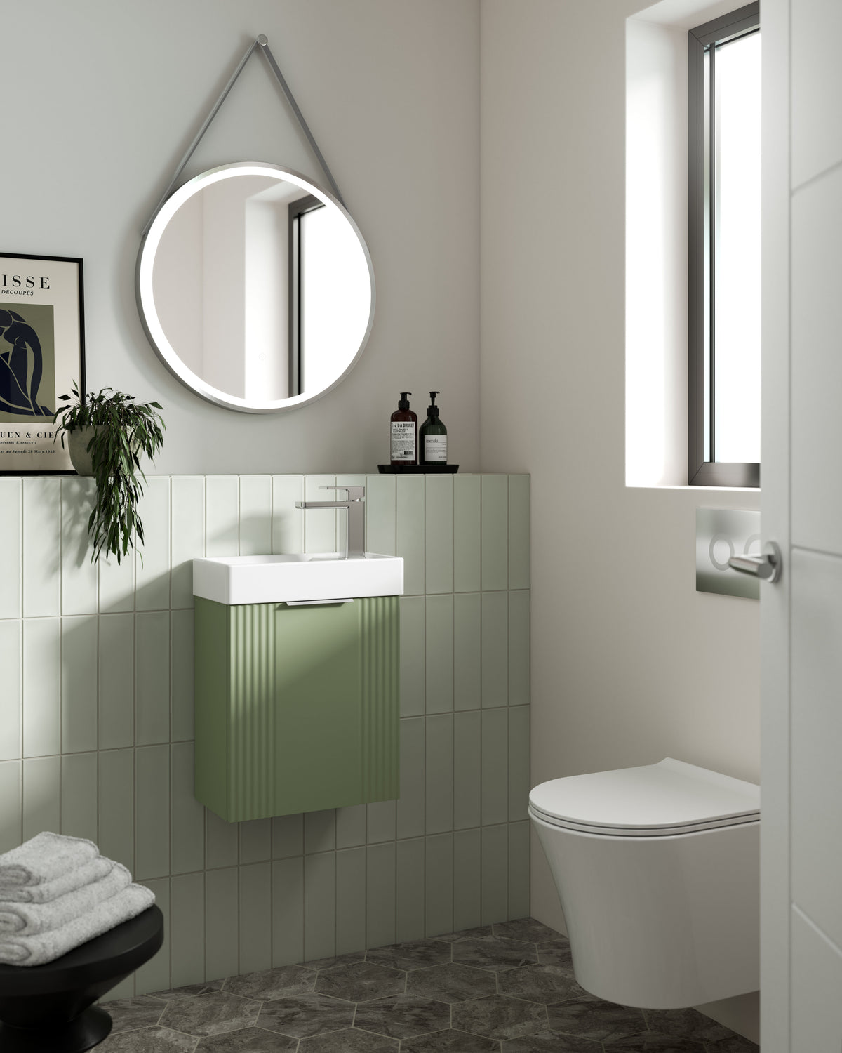 Modern Splash Compact 400mm Satin Green 1 Door Wall Hung Vanity Unit With Ceramic Basin