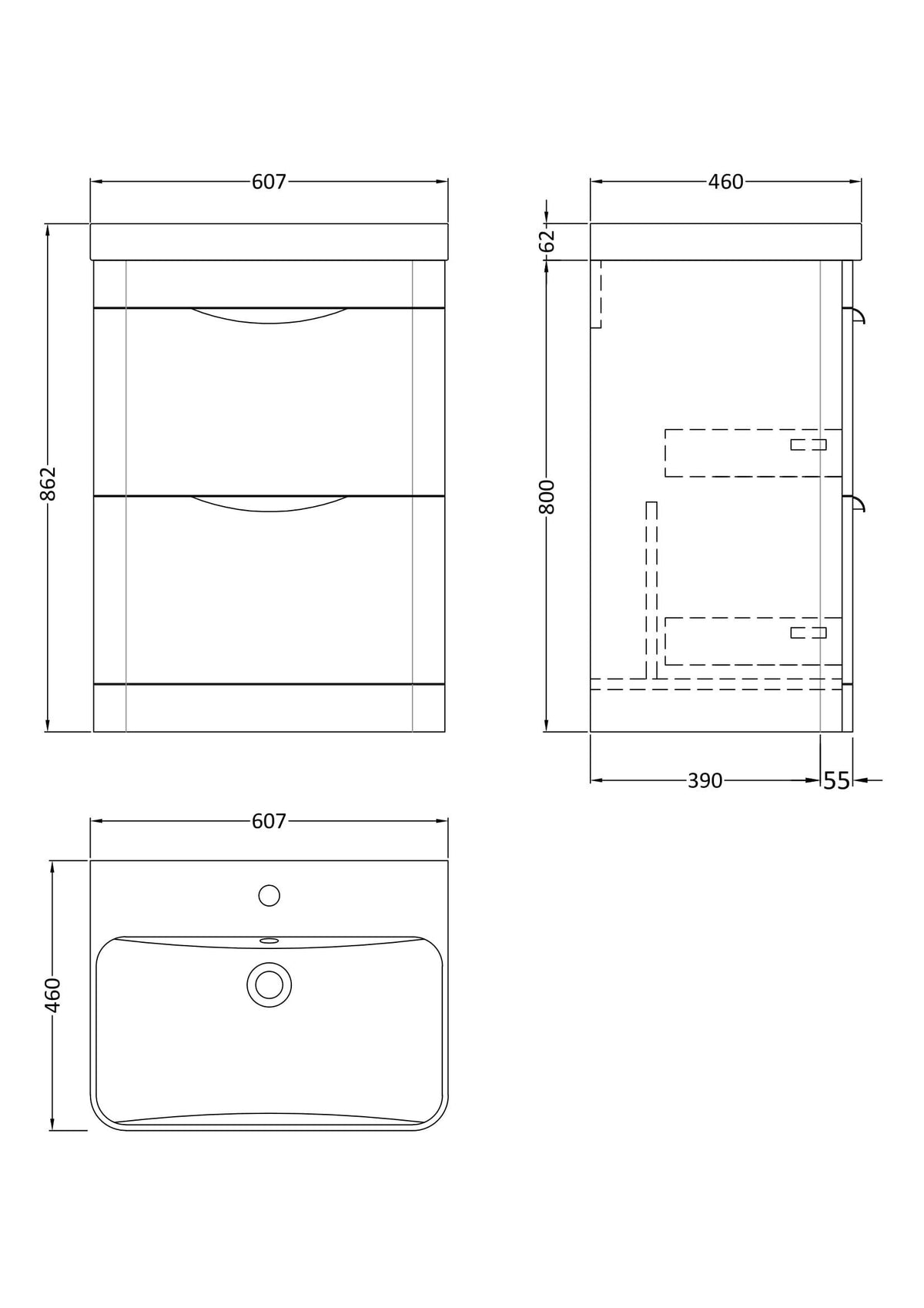 Modern Splash 600mm Pebble Grey 2 Drawer Floor Standing Vanity Unit With Thin Edge Basin