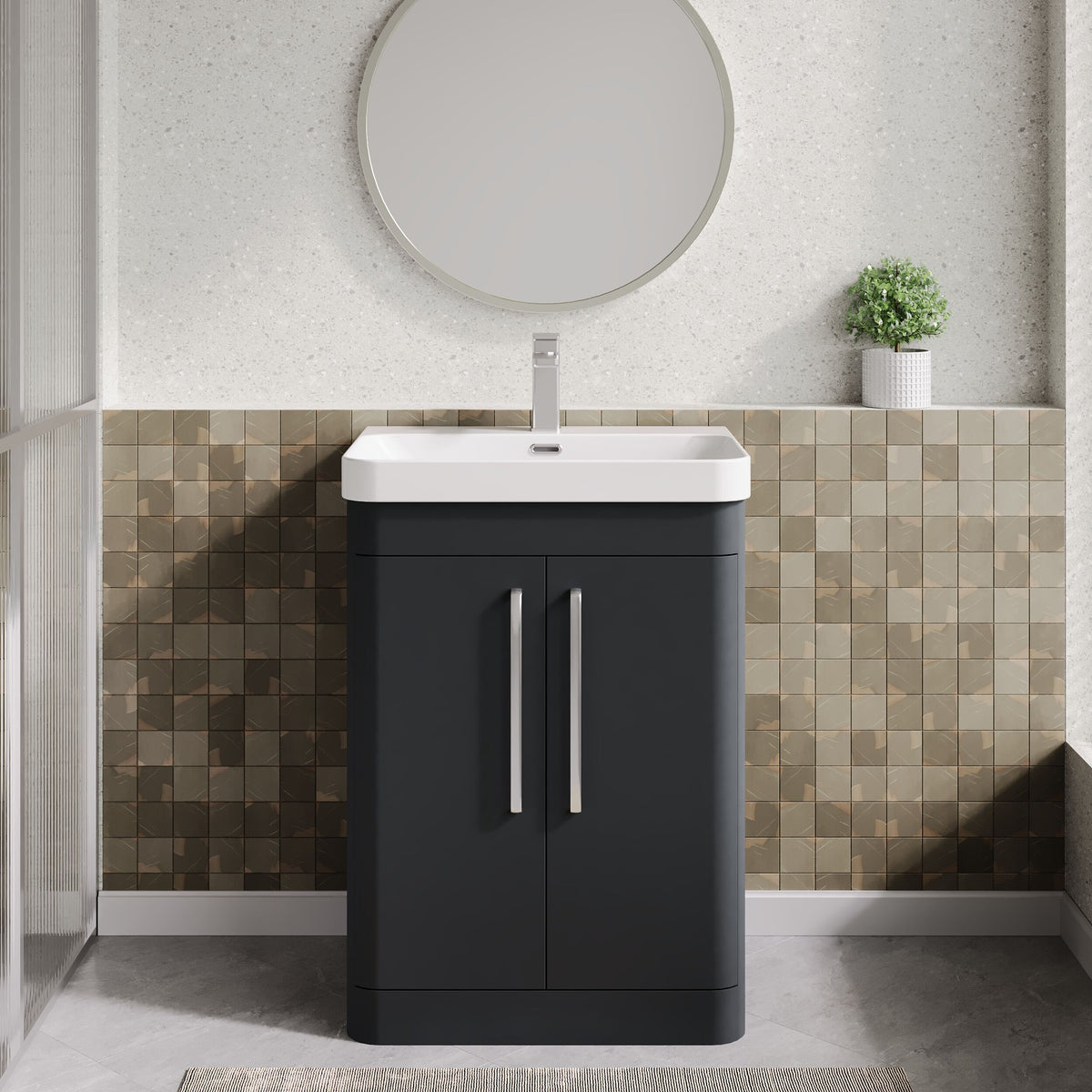 Modern Splash 600mm Soft Black 2 Door Floor Standing Vanity Unit With Thin Edge Basin