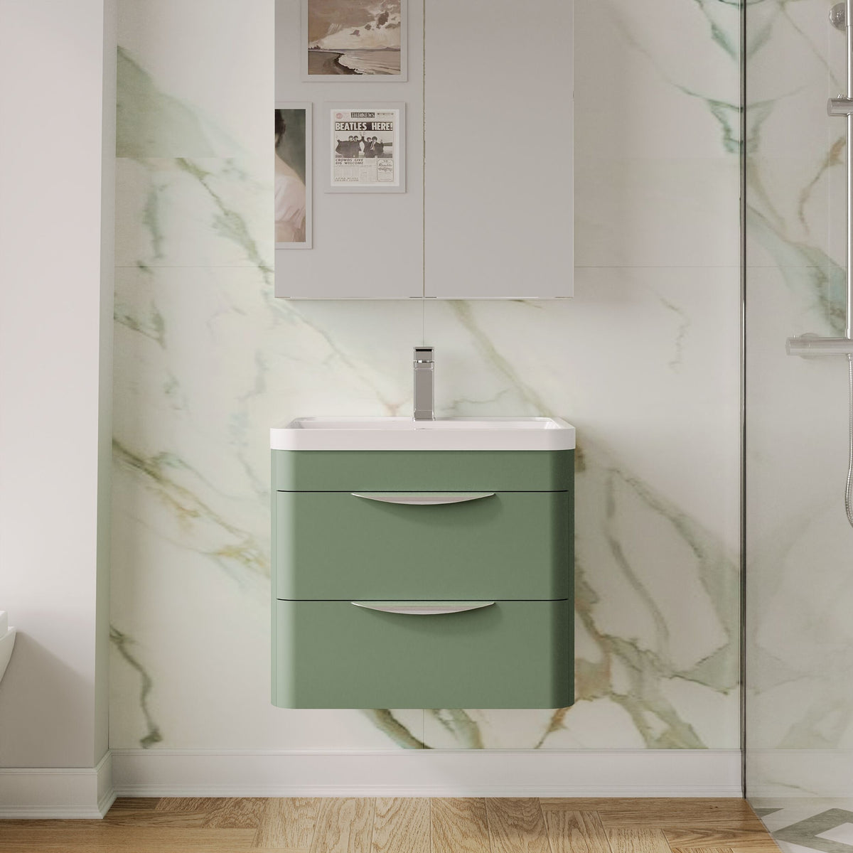 Modern Splash 600mm Satin Green 2 Door Wall Hung Vanity Unit With Polymarble Basin