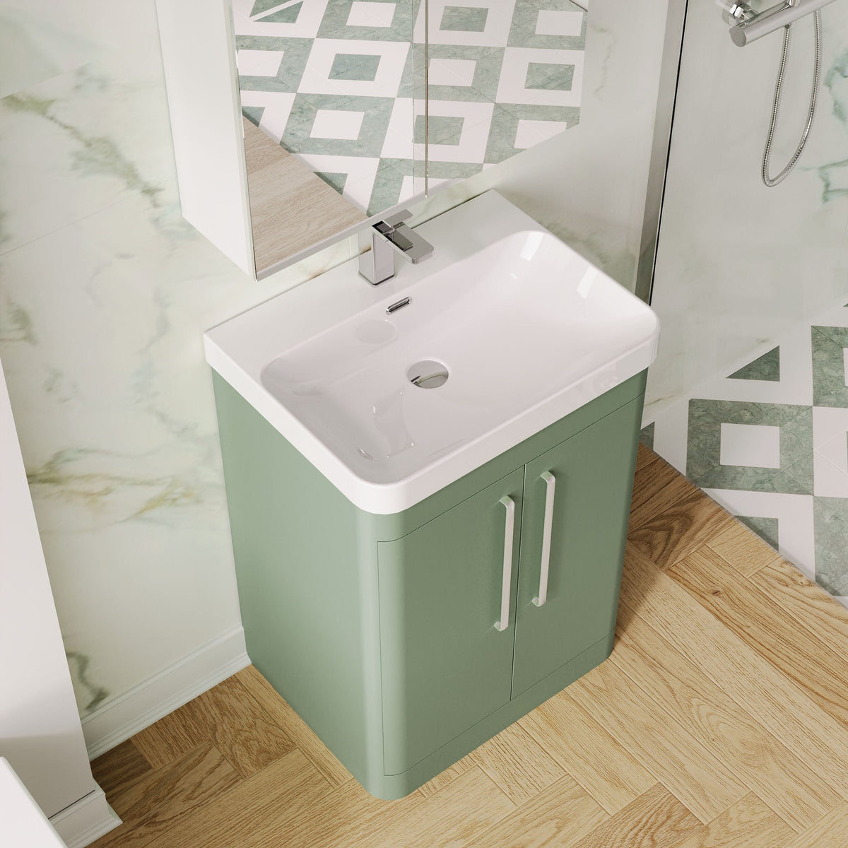 Modern Splash 600mm Satin Green 2 Door Floor Standing Vanity Unit With Thin Edge Basin