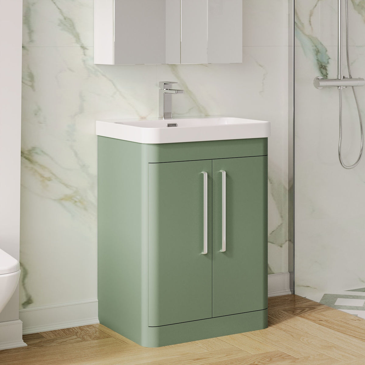 Modern Splash 600mm Satin Green 2 Door Floor Standing Vanity Unit With Thin Edge Basin