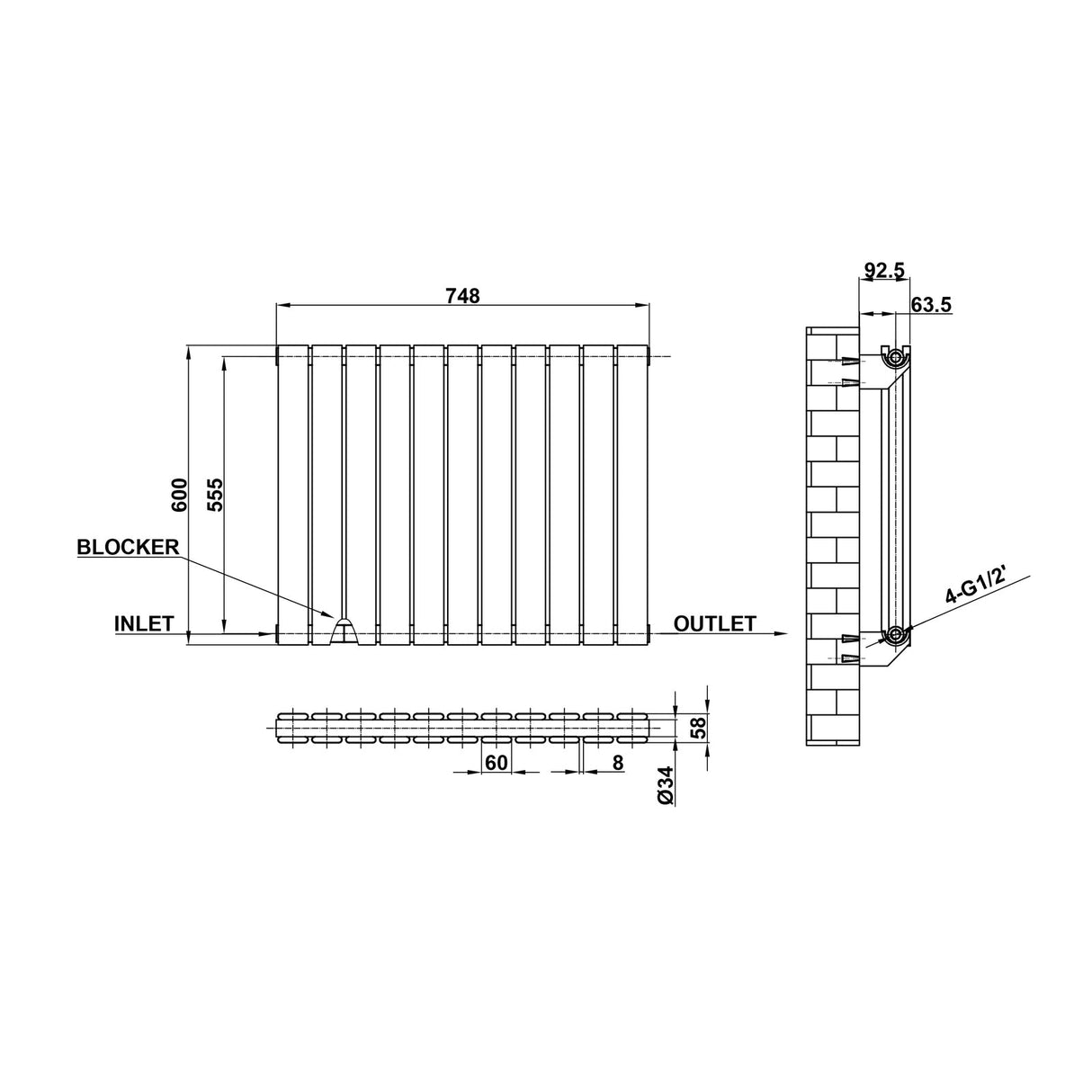 Modern Splash Flat Panel White Radiator Horizontal 600x748mm Double
