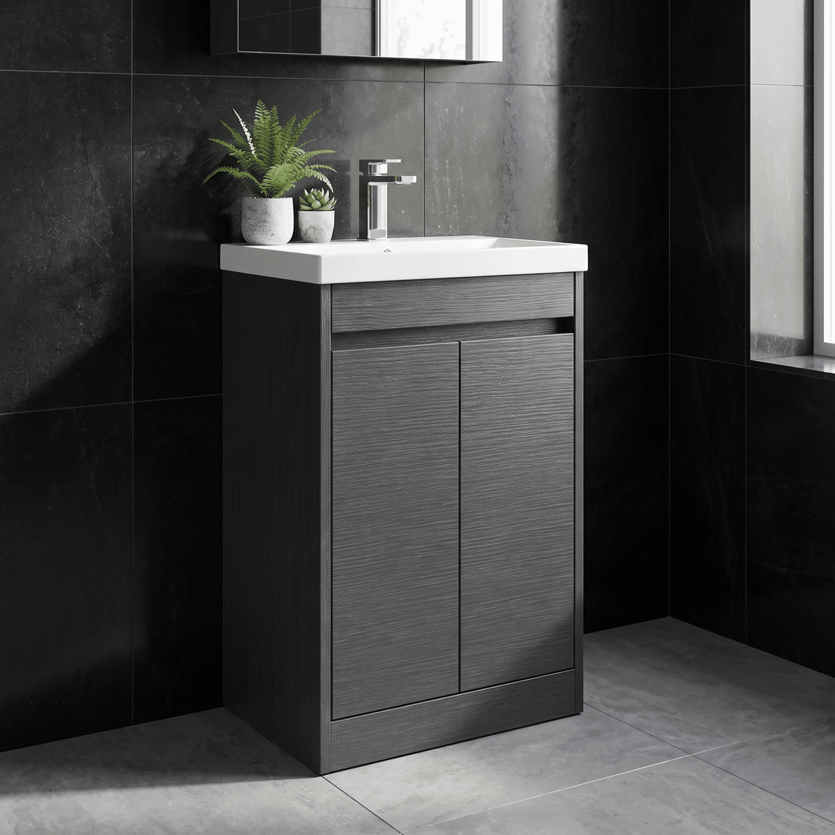Modern Splash 500mm Graphite Grey Woodgrain 2 Door Floor Standing Vanity Unit With Thin-Edge Basin