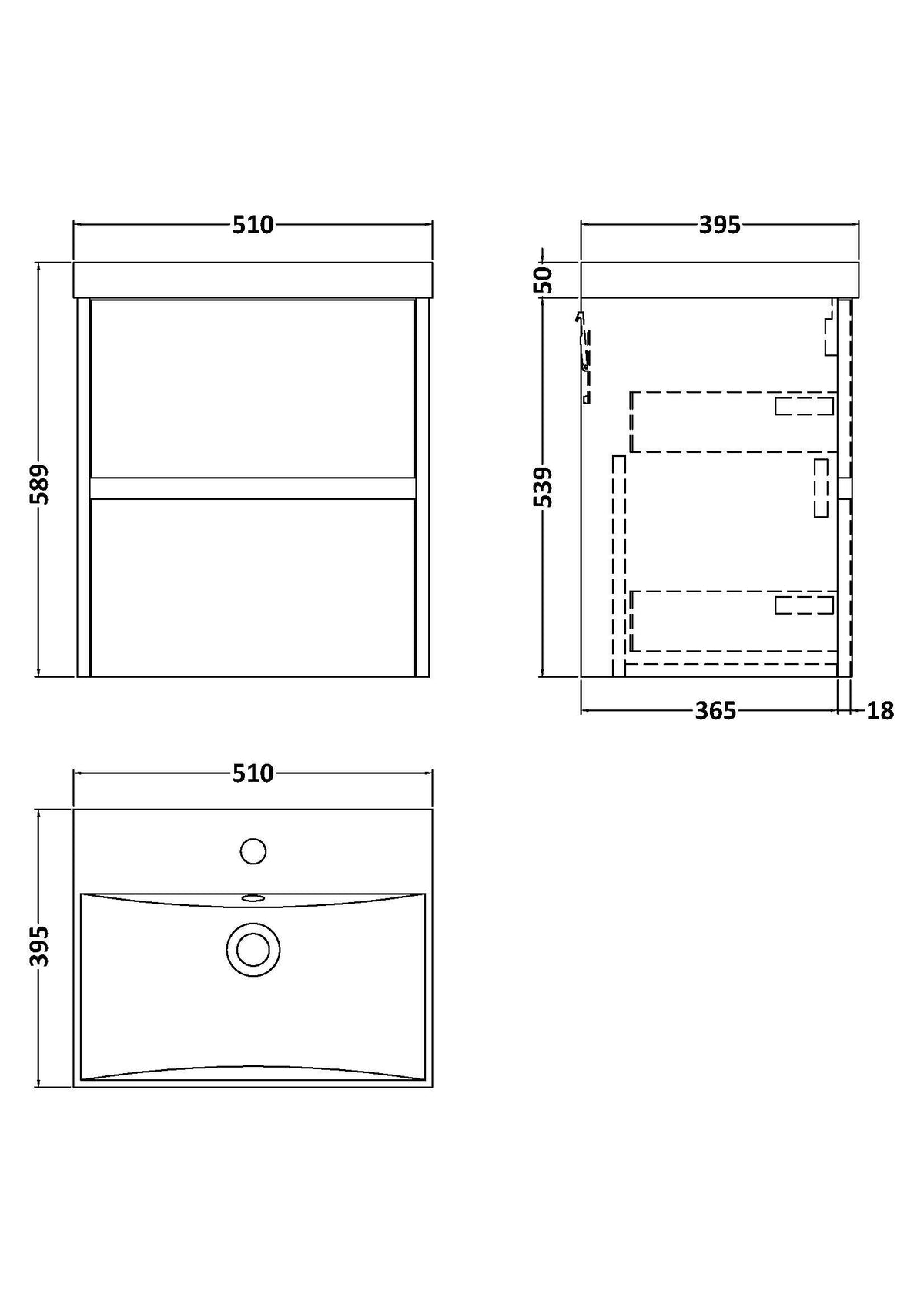 Modern Splash 500mm Graphite Grey Woodgrain 2 Drawer Wall Hung Vanity Unit With Thin Edge Basin