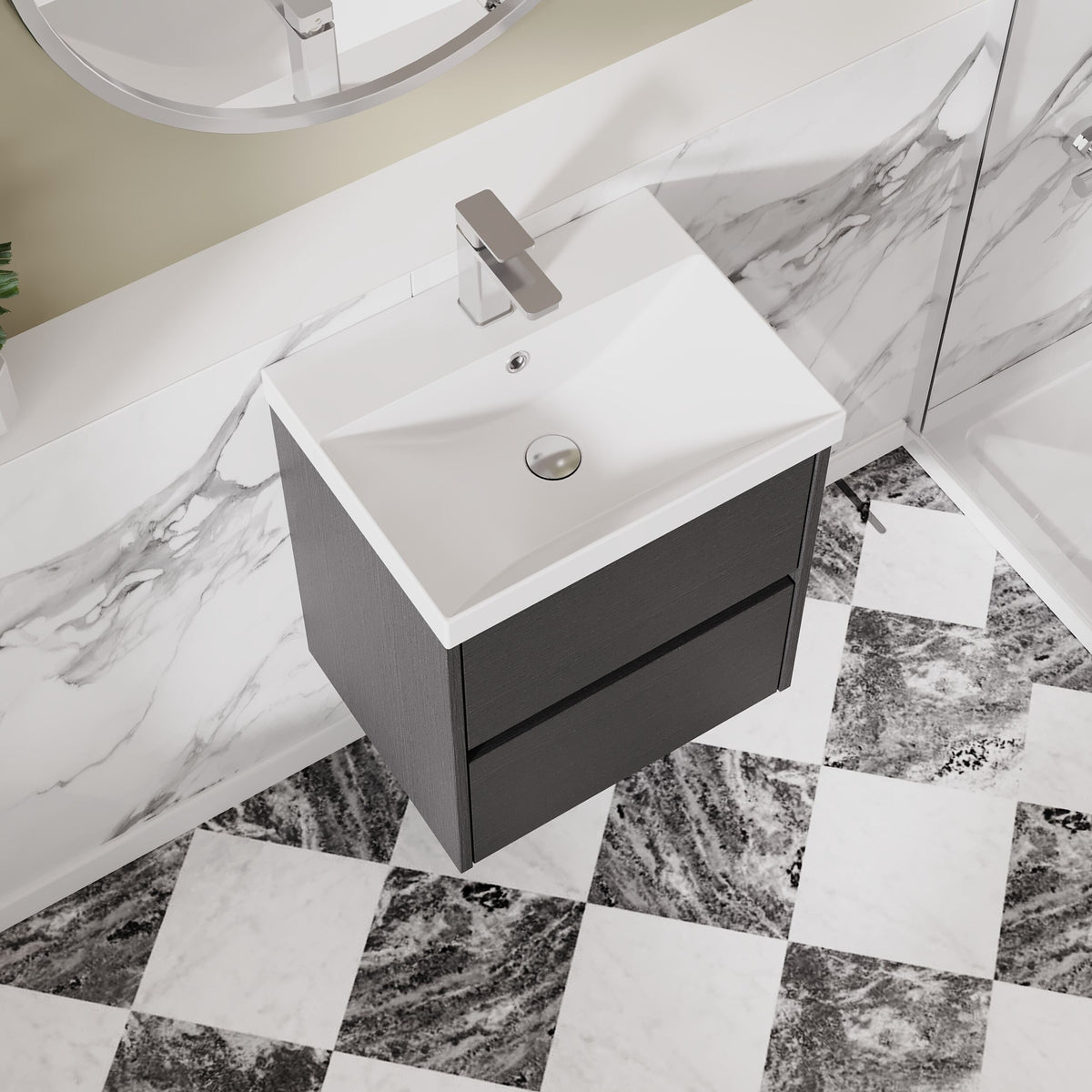 Modern Splash 500mm Graphite Grey Woodgrain 2 Drawer Wall Hung Vanity Unit With Thin Edge Basin
