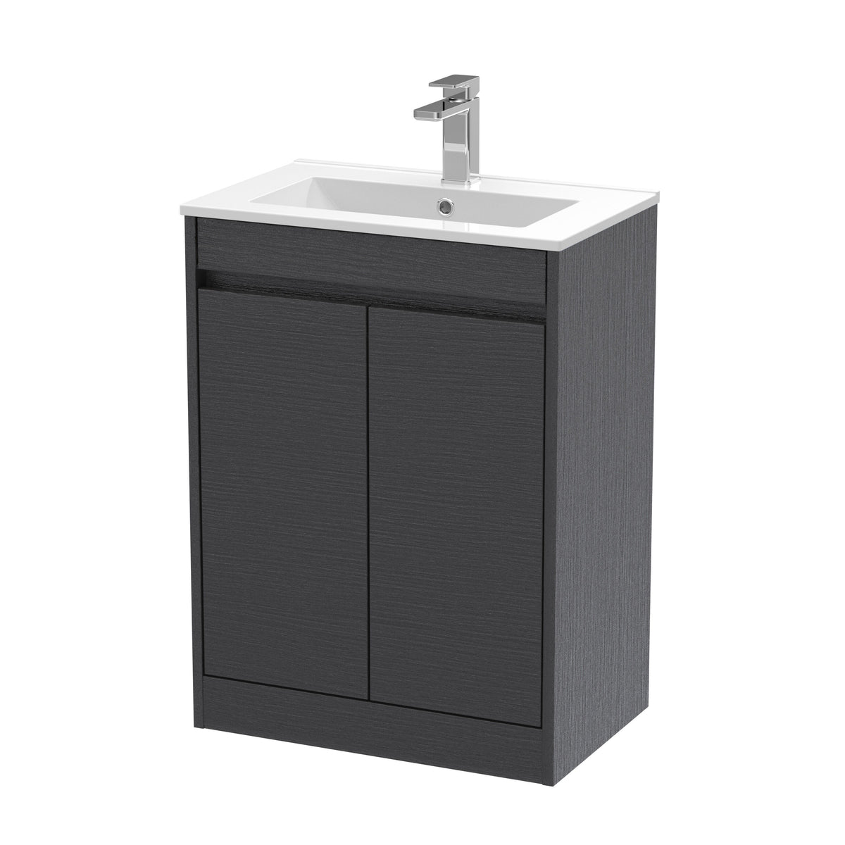 Modern Splash 600mm Graphite Grey Woodgrain 2 Door Floor Standing Vanity Unit With Minimilist Basin