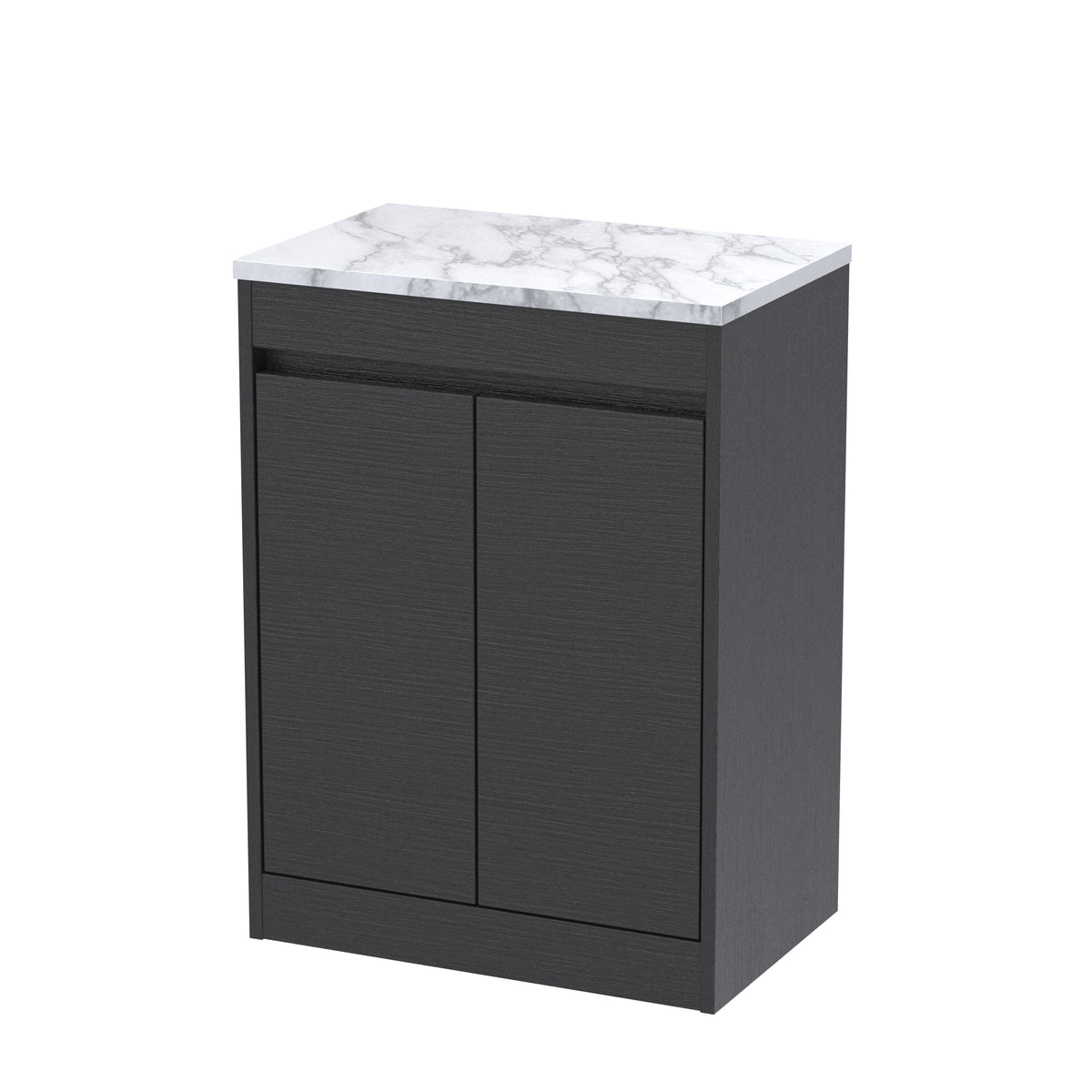 Modern Splash 600mm Graphite Grey Woodgrain 2 Door Floor Standing Vanity Unit With Carrera Marble Worktop