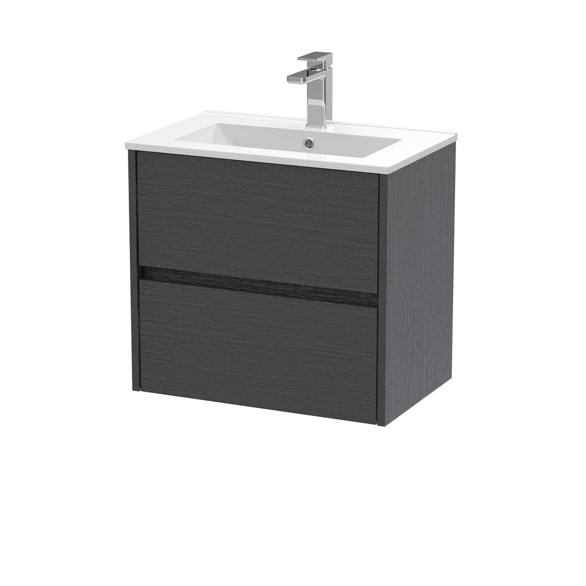 Modern Splash 600mm Graphite Grey Woodgrain 2 Drawer Wall Hung Vanity Unit With Minimalist Basin