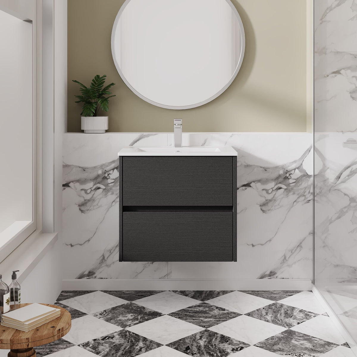 Modern Splash 600mm Graphite Grey Woodgrain 2 Drawer Wall Hung Vanity Unit With Minimalist Basin