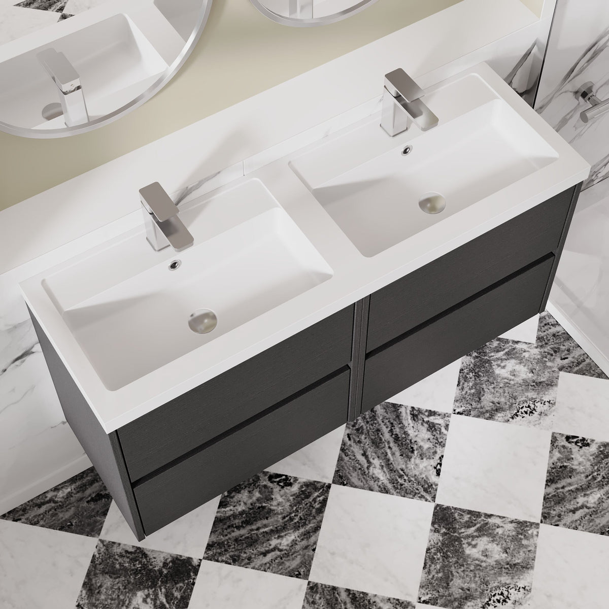 Modern Splash 1200mm Graphite Grey Woodgrain 4 Drawer Wall Hung Vanity Unit With 2 Tap Hole Polymarble basin