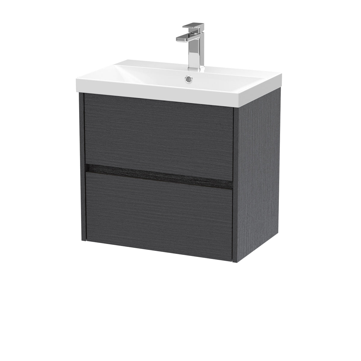 Modern Splash 600mm Graphite Grey Woodgrain 2 Drawer Wall Hung Vanity Unit With Thin Edge Basin