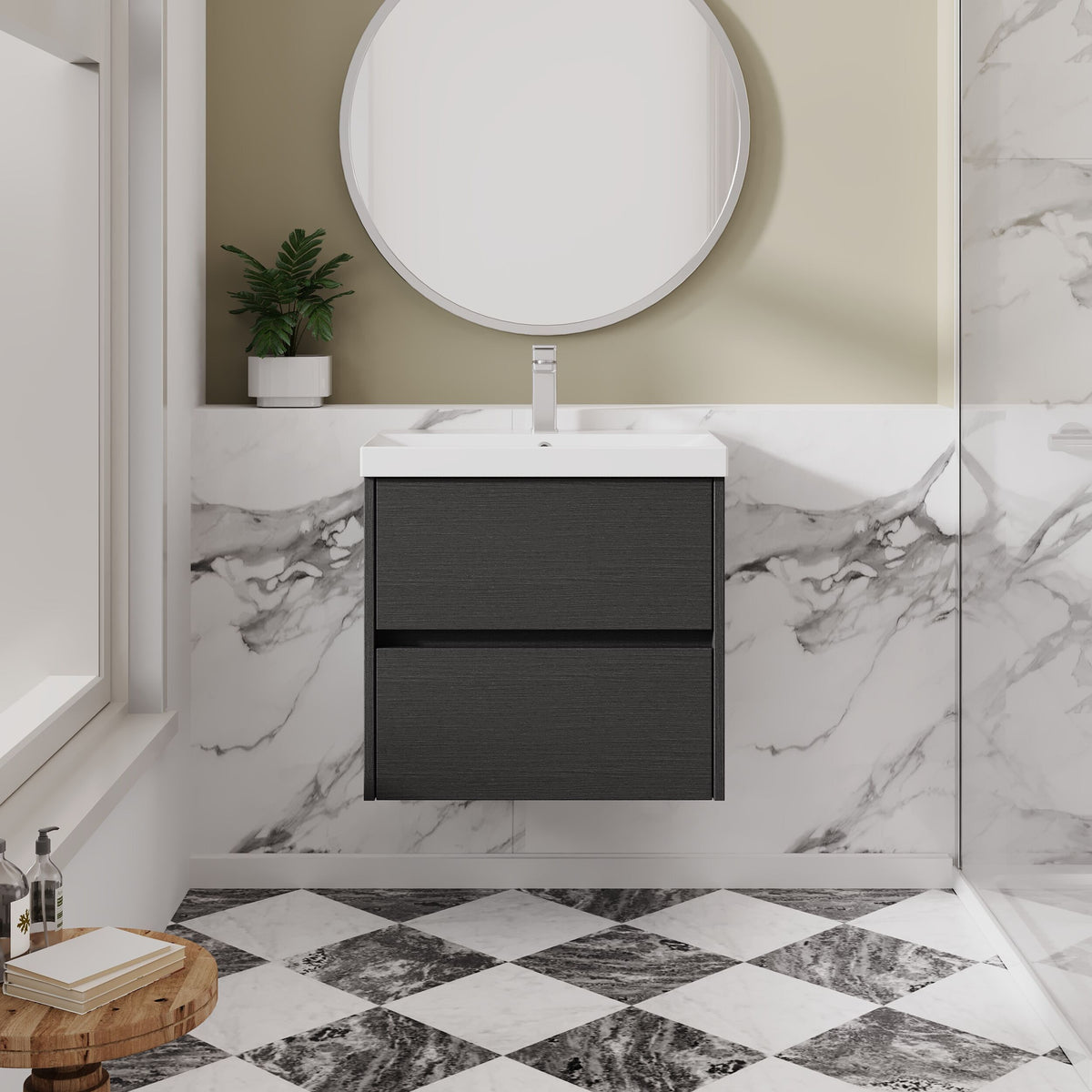 Modern Splash 600mm Graphite Grey Woodgrain 2 Drawer Wall Hung Vanity Unit With Thin Edge Basin