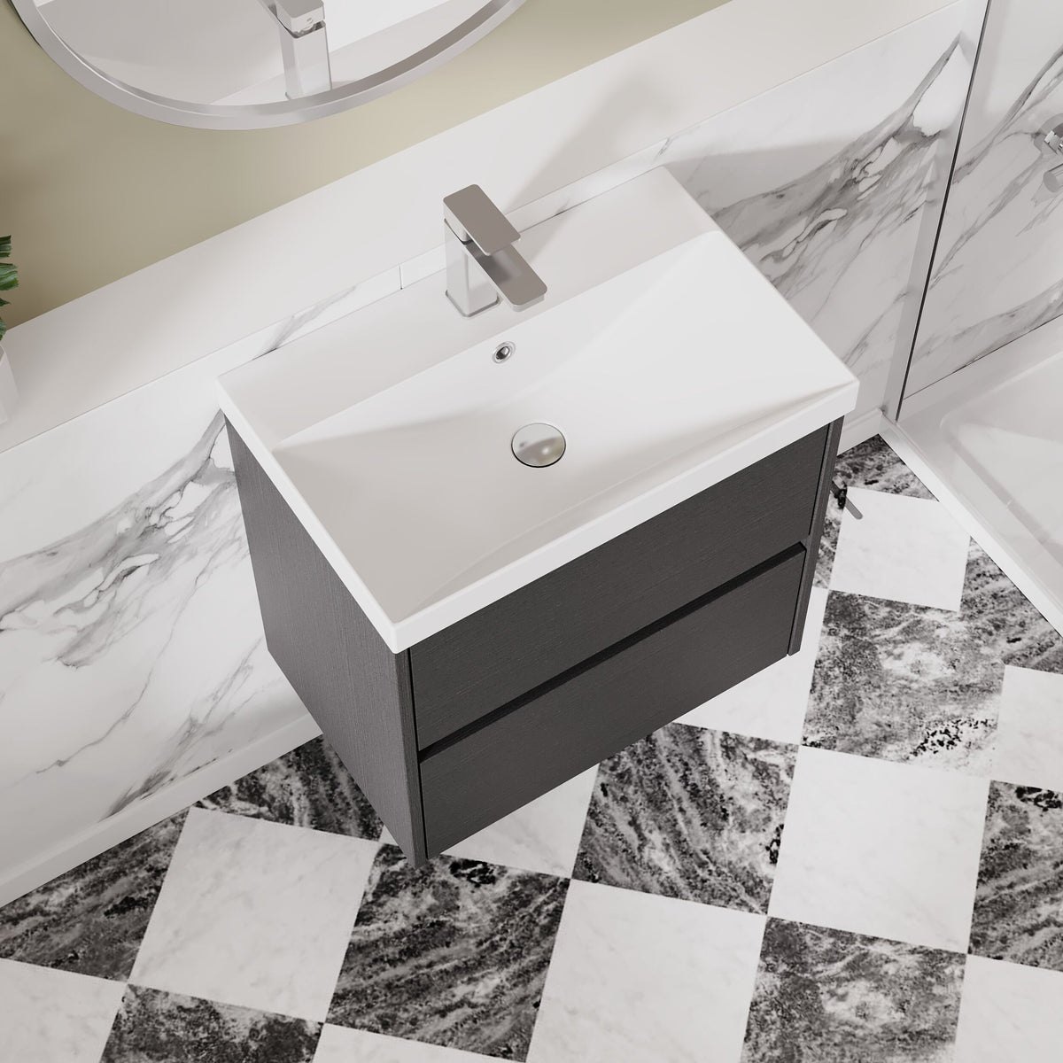 Modern Splash 600mm Graphite Grey Woodgrain 2 Drawer Wall Hung Vanity Unit With Thin Edge Basin