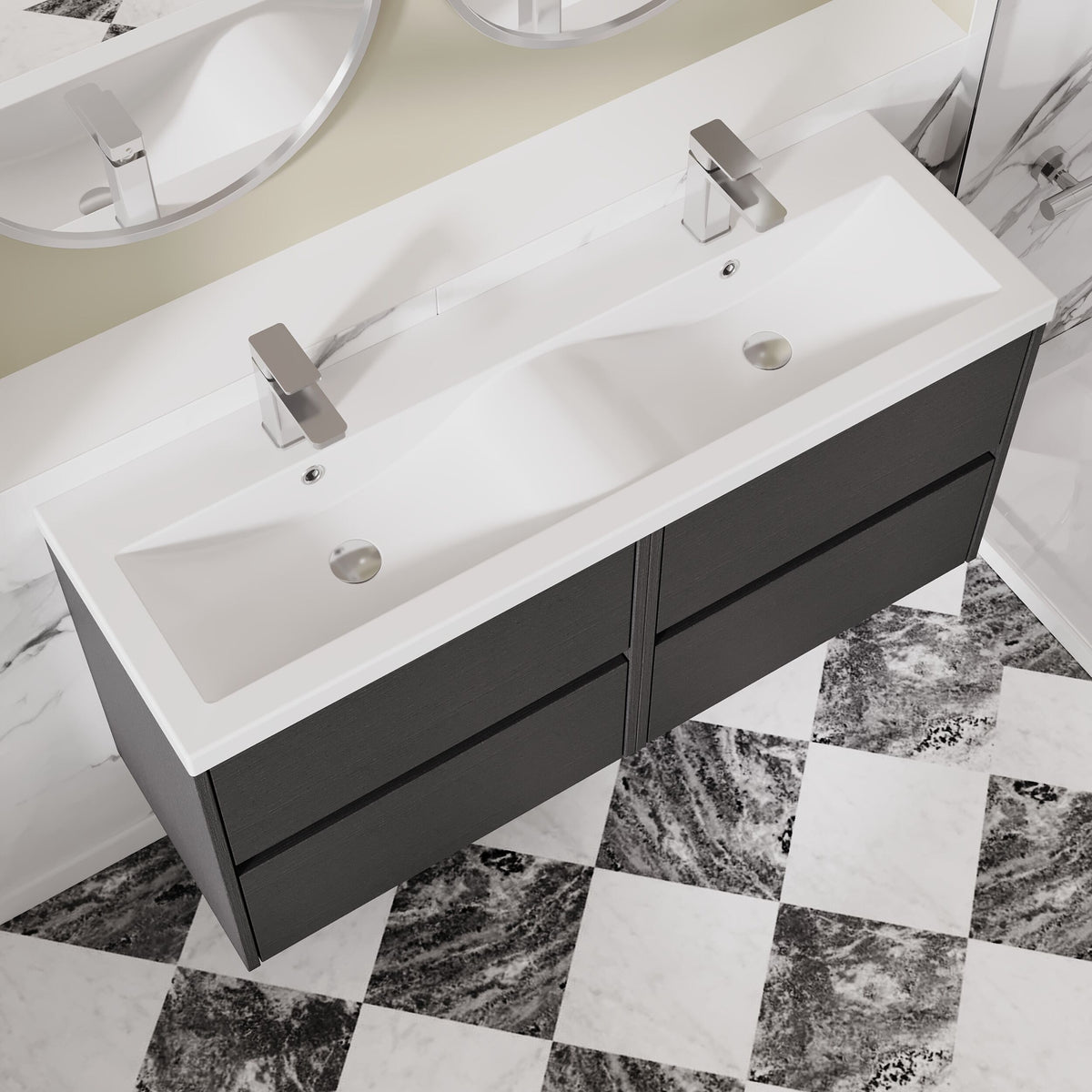 Modern Splash 1200mm Graphite Grey Woodgrain 4 Drawer Wall Hung Vanity Unit With 2 Tap Hole Ceramic Basin