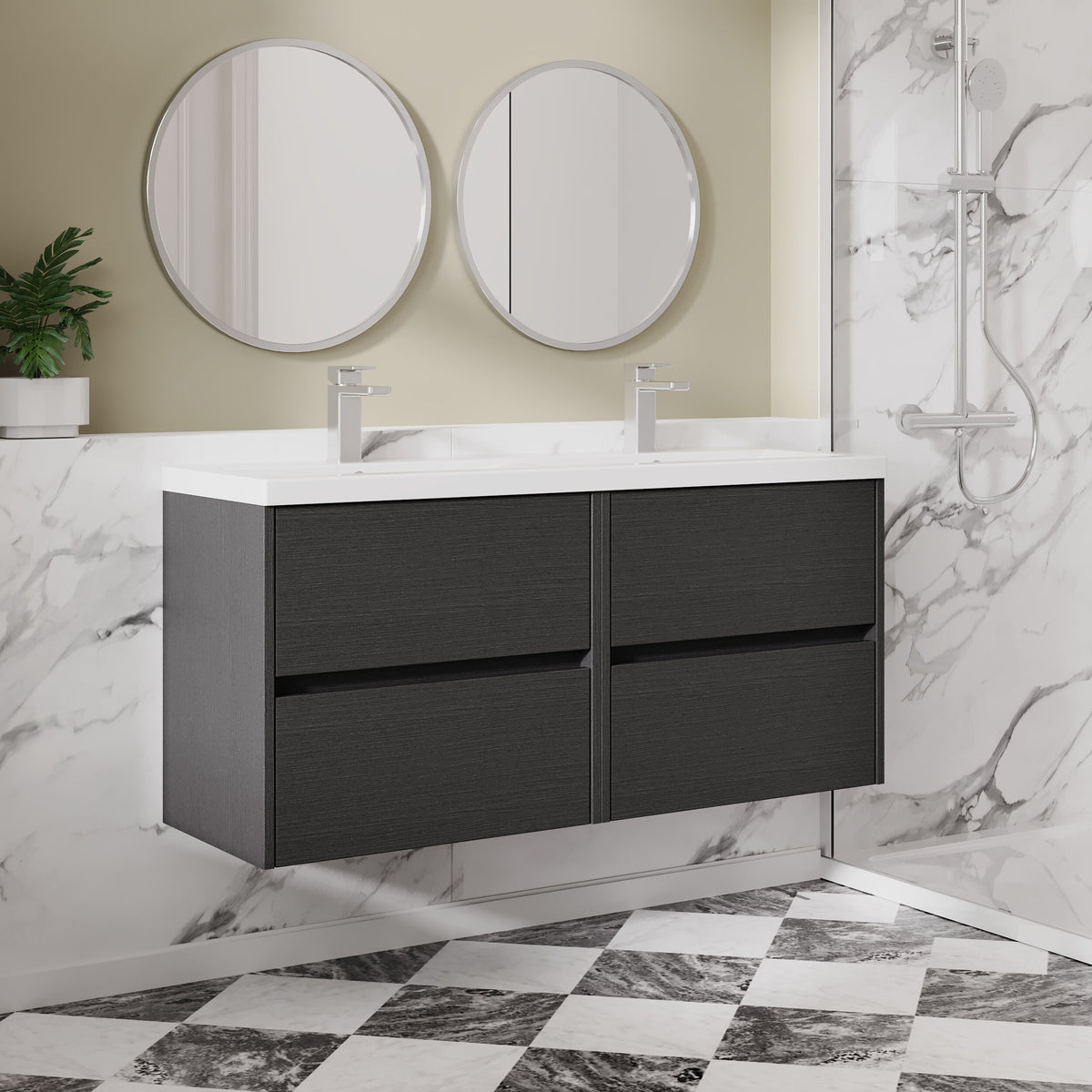 Modern Splash 1200mm Graphite Grey Woodgrain 4 Drawer Wall Hung Vanity Unit With 2 Tap Hole Ceramic Basin