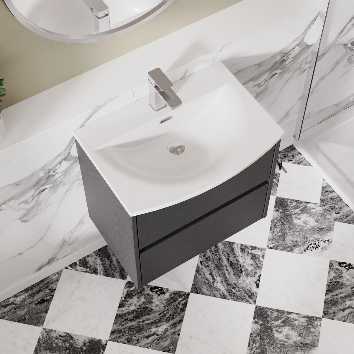 Modern Splash 600mm Graphite Grey Woodgrain 2 Drawer Wall Hung Vanity Unit With U-Shaped Curved Basin