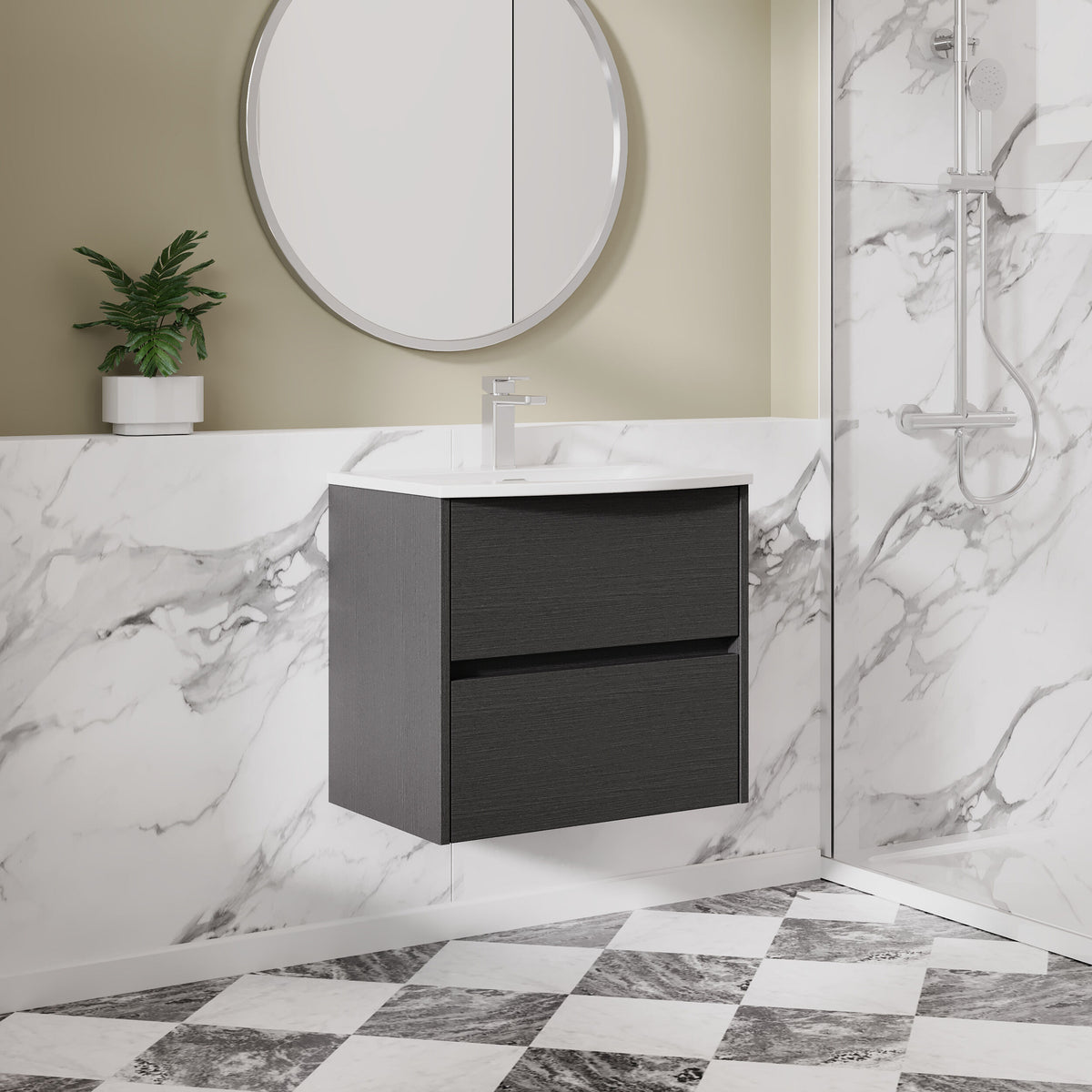 Modern Splash 600mm Graphite Grey Woodgrain 2 Drawer Wall Hung Vanity Unit With U-Shaped Curved Basin