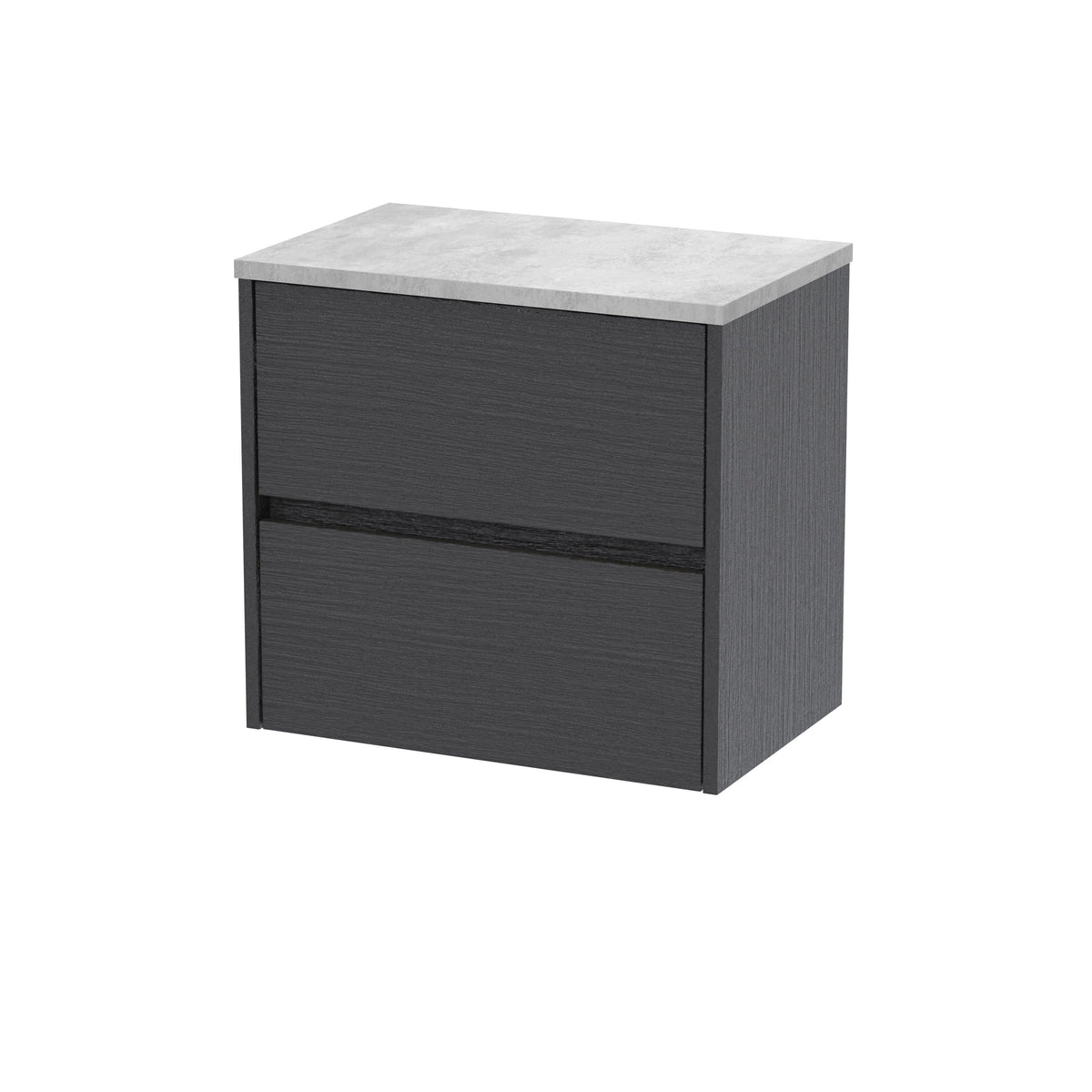 Modern Splash 600mm Graphite Grey Woodgrain 2 Drawer Wall Hung Vanity Unit With Bellato Grey Worktop
