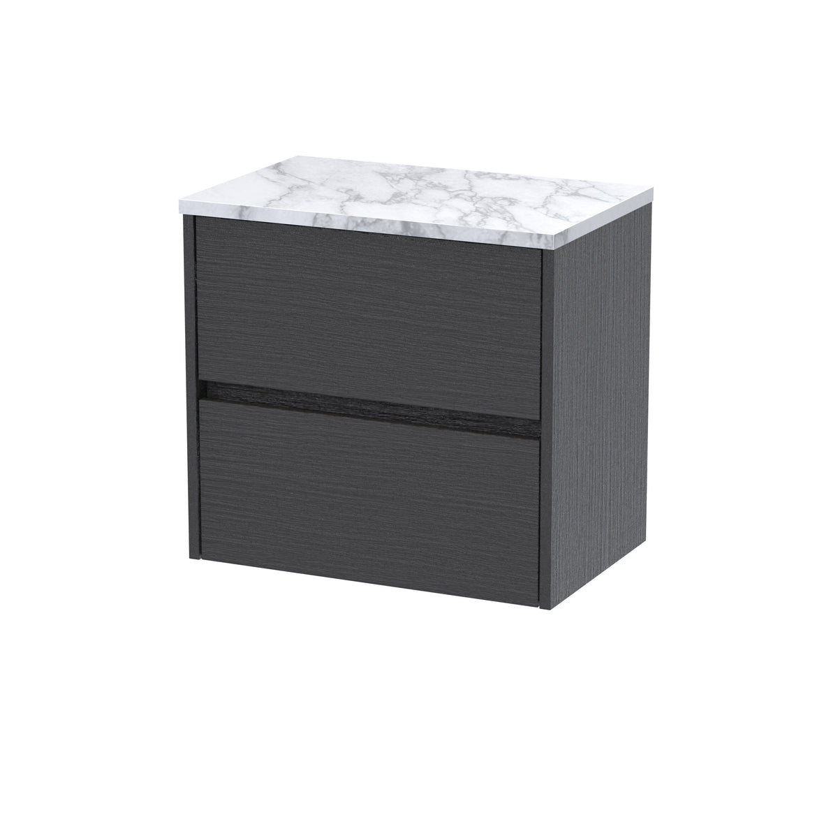 Modern Splash 600mm Graphite Grey Woodgrain 2 Drawer Wall Hung Vanity Unit & Carrara Laminate Worktop