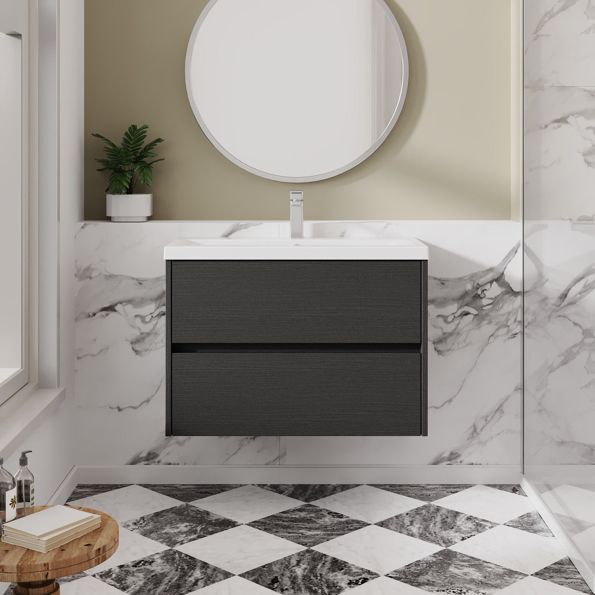 Modern Splash 800mm Graphite Grey Woodgrain 2 Drawer Wall Hung Vanity Unit With Mid-Edge Basin
