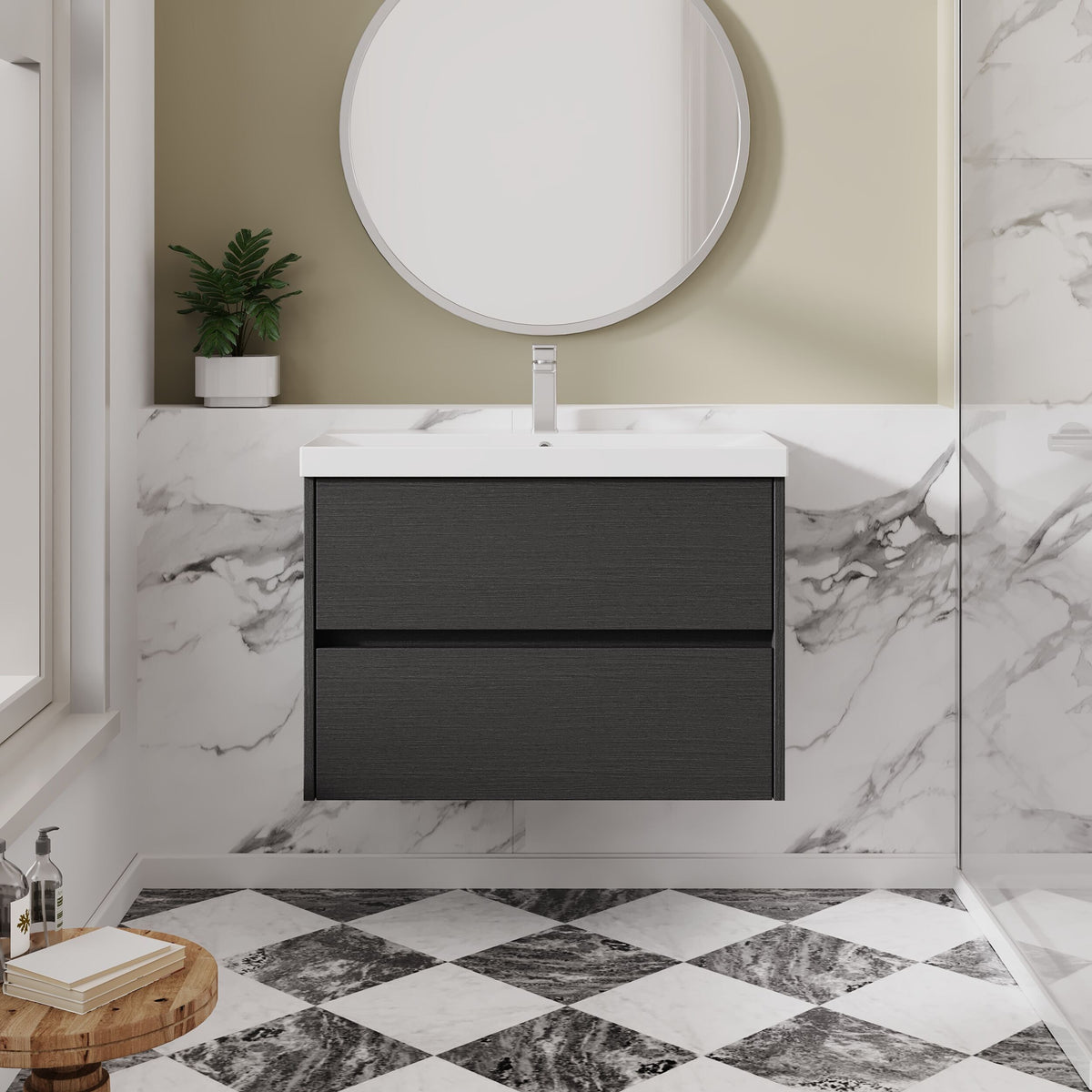 Modern Splash 800mm Graphite Grey Woodgrain 2 Drawer Wall Hung Vanity Unit With Thin Edge Basin