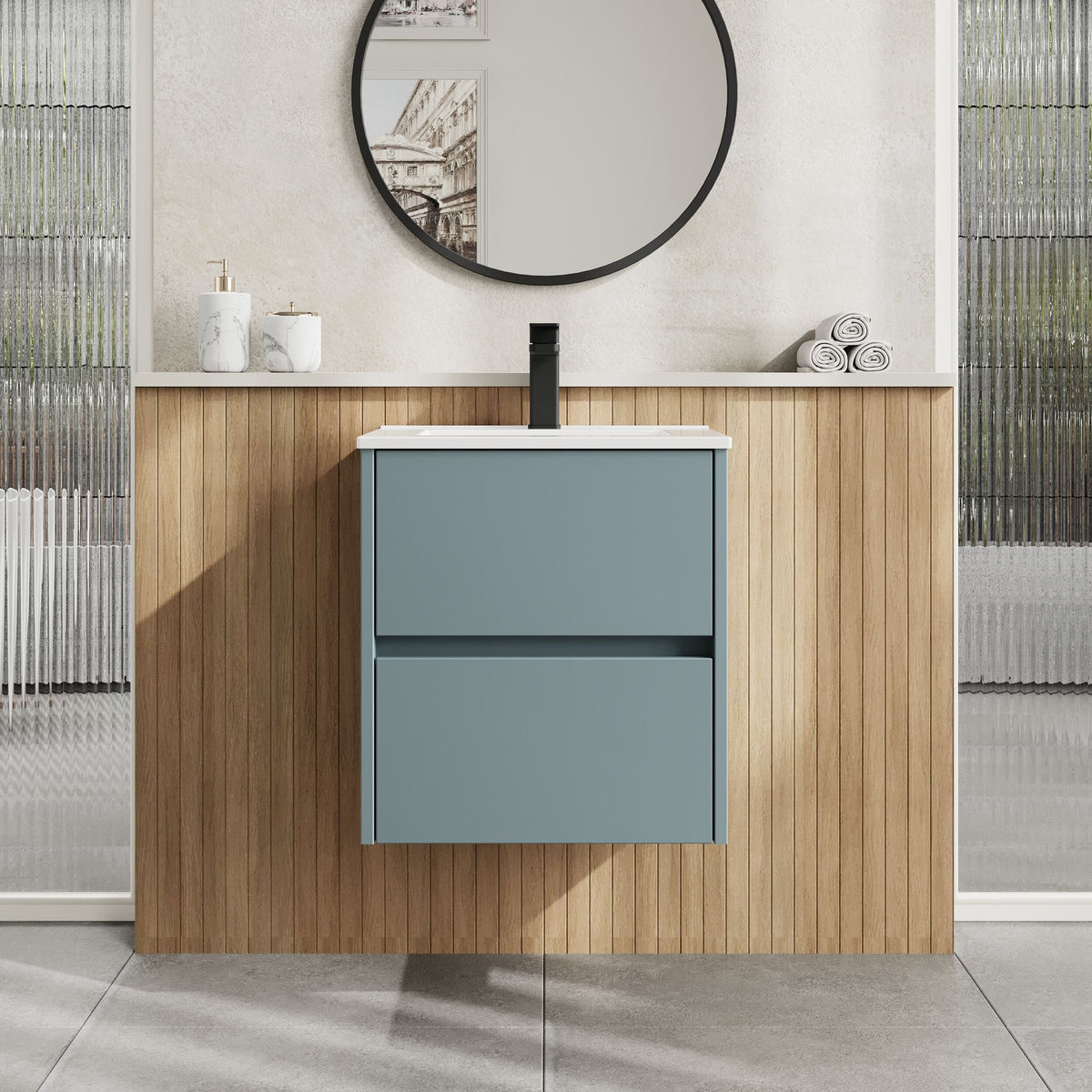 Modern Splash 500mm Coastal Grey 2 Drawer Wall Hung Vanity Unit With Minimalist Basin
