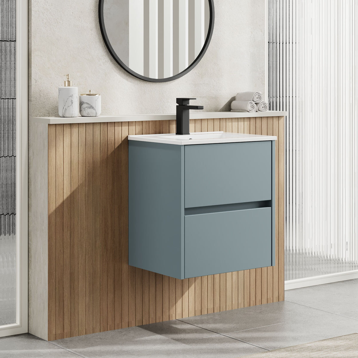 Modern Splash 500mm Coastal Grey 2 Drawer Wall Hung Vanity Unit With Minimalist Basin