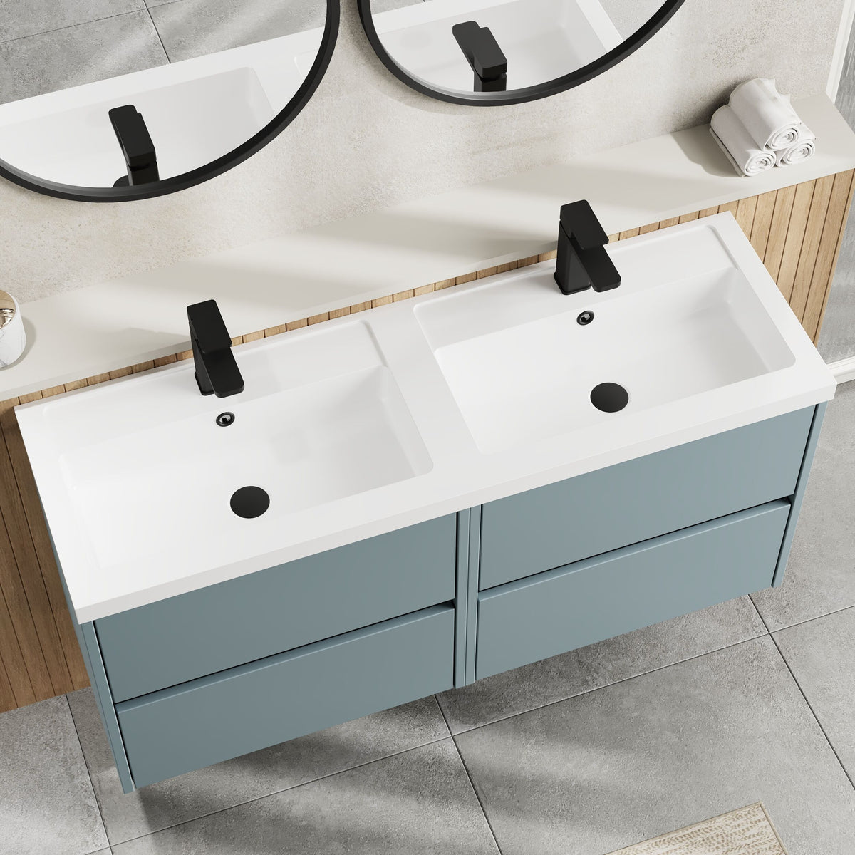 Modern Splash 1200mm Coastal Grey 4 Drawer Wall Hung Vanity Unit With 2 Tap Hole Polymarble basin