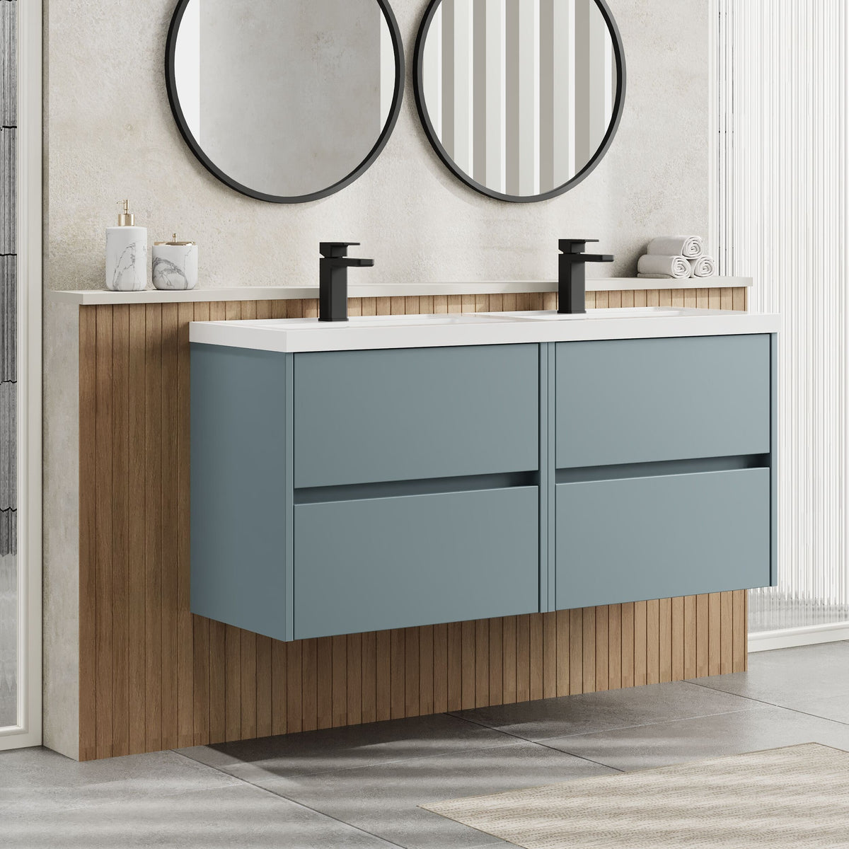 Modern Splash 1200mm Coastal Grey 4 Drawer Wall Hung Vanity Unit With 2 Tap Hole Polymarble basin