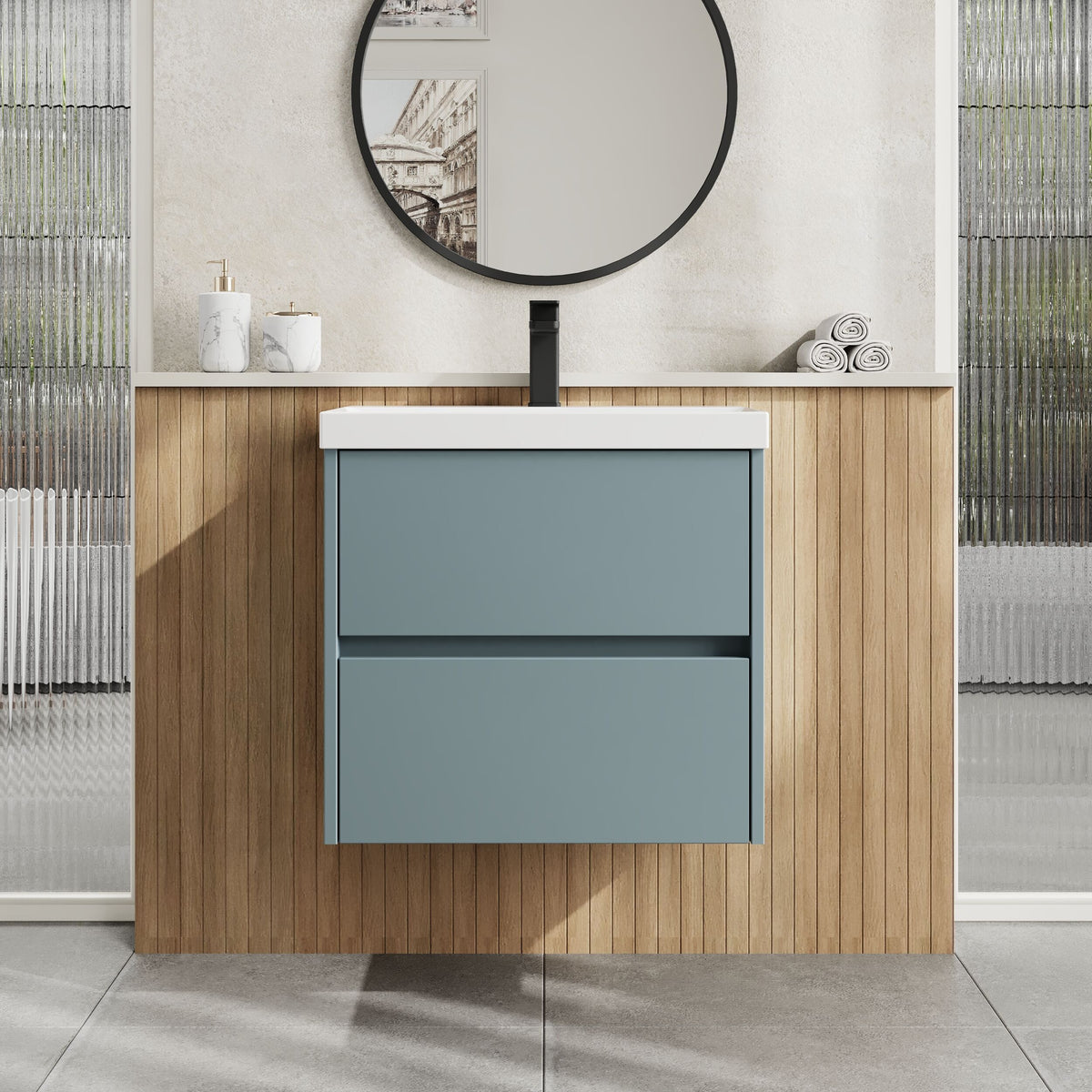 Modern Splash 600mm Coastal Grey 2 Drawer Wall Hung Vanity Unit With Thin Edge Basin
