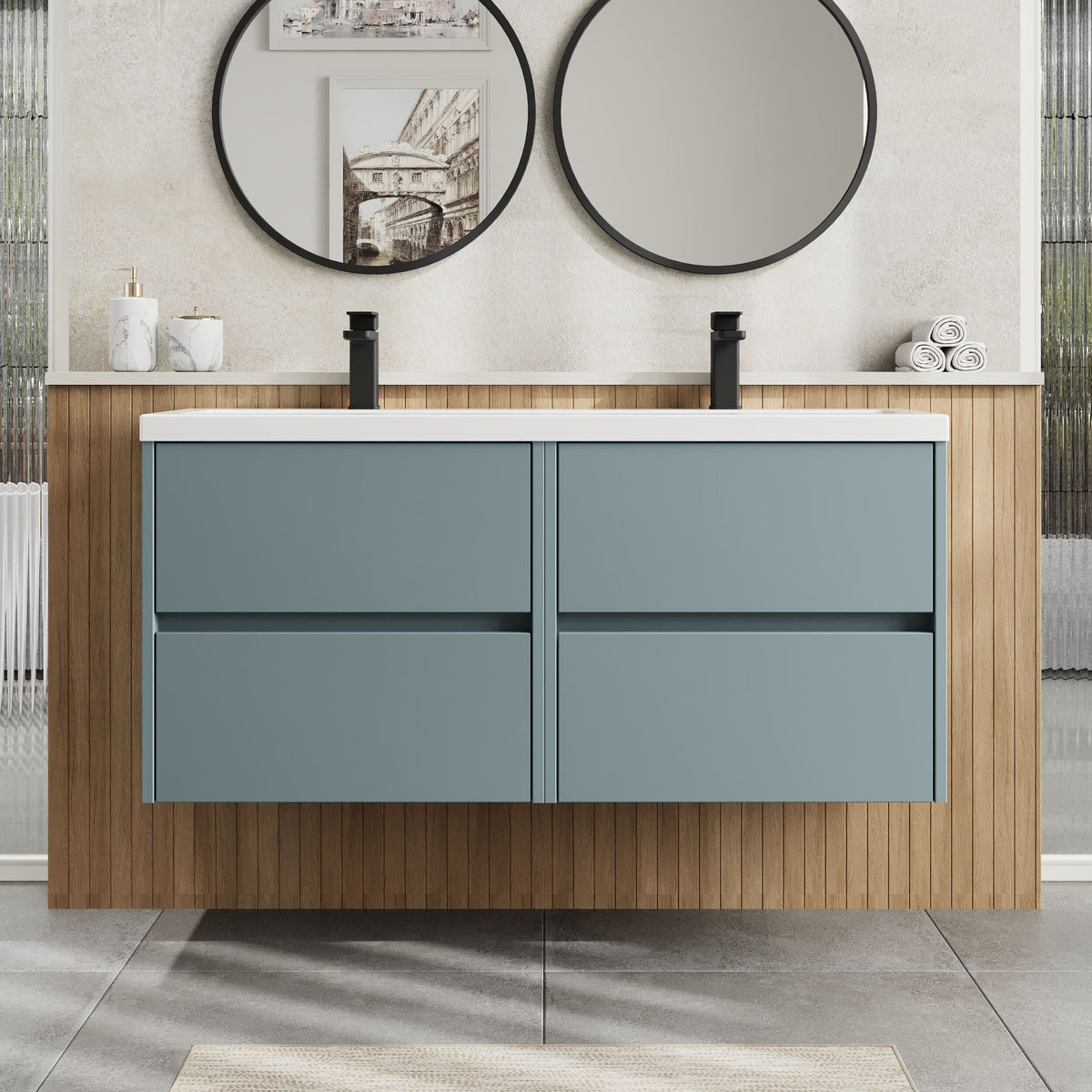 Modern Splash 1200mm Coastal Grey 4 Drawer Wall Hung Vanity Unit With 2 Tap Hole Ceramic Basin