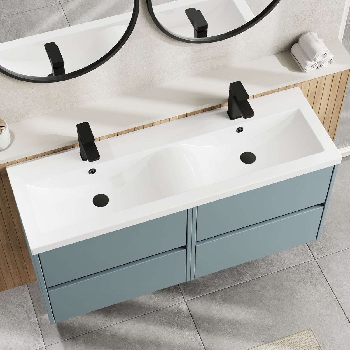 Modern Splash 1200mm Coastal Grey 4 Drawer Wall Hung Vanity Unit With 2 Tap Hole Ceramic Basin