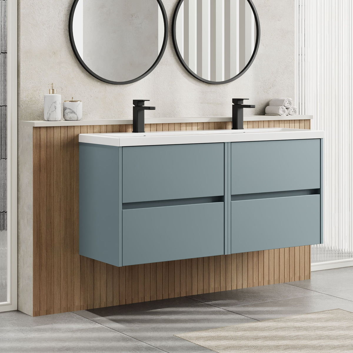Modern Splash 1200mm Coastal Grey 4 Drawer Wall Hung Vanity Unit With 2 Tap Hole Ceramic Basin