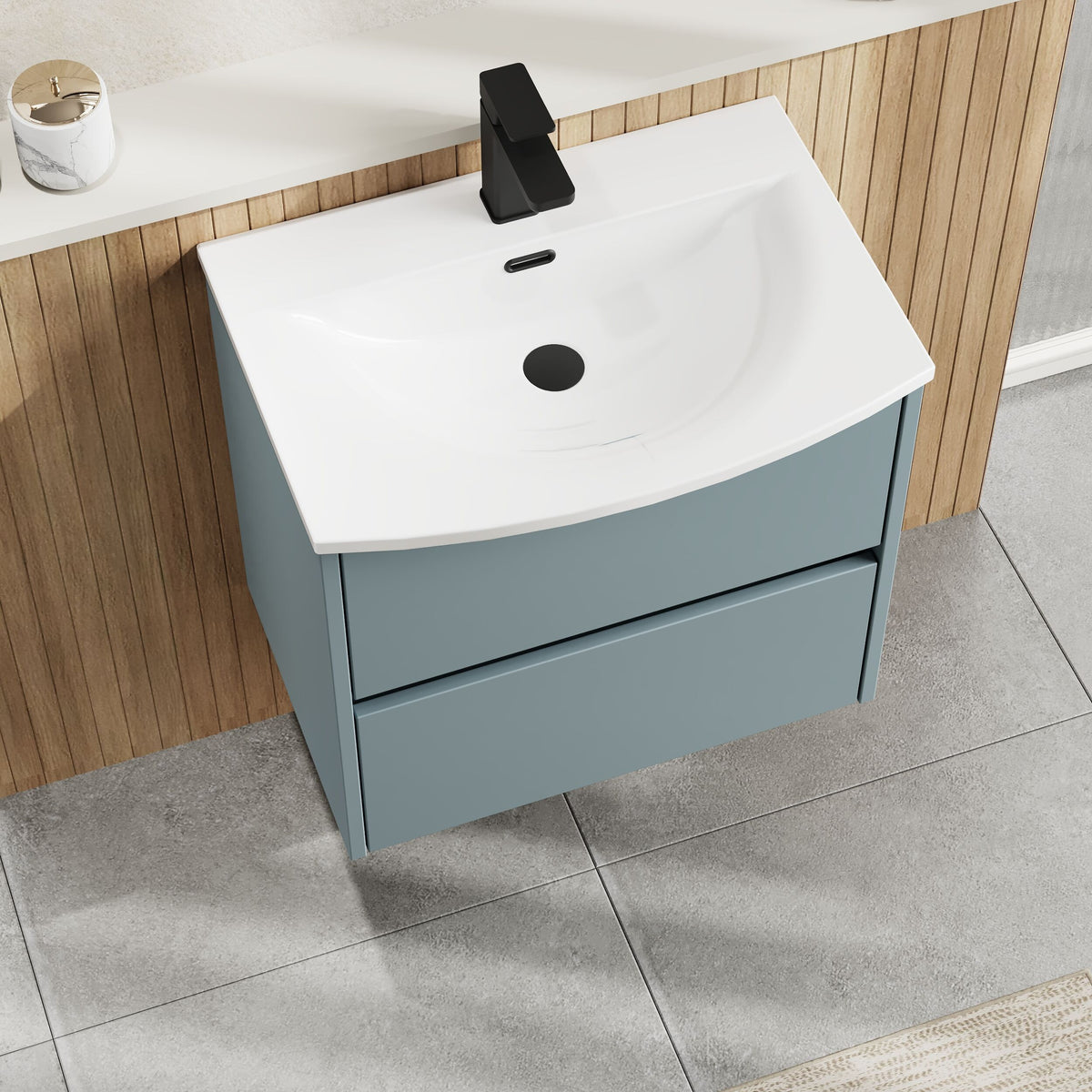 Modern Splash 600mm Coastal Grey 2 Drawer Wall Hung Vanity Unit With U-Shaped Curved Basin