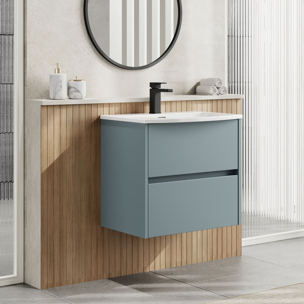Modern Splash 600mm Coastal Grey 2 Drawer Wall Hung Vanity Unit With U-Shaped Curved Basin