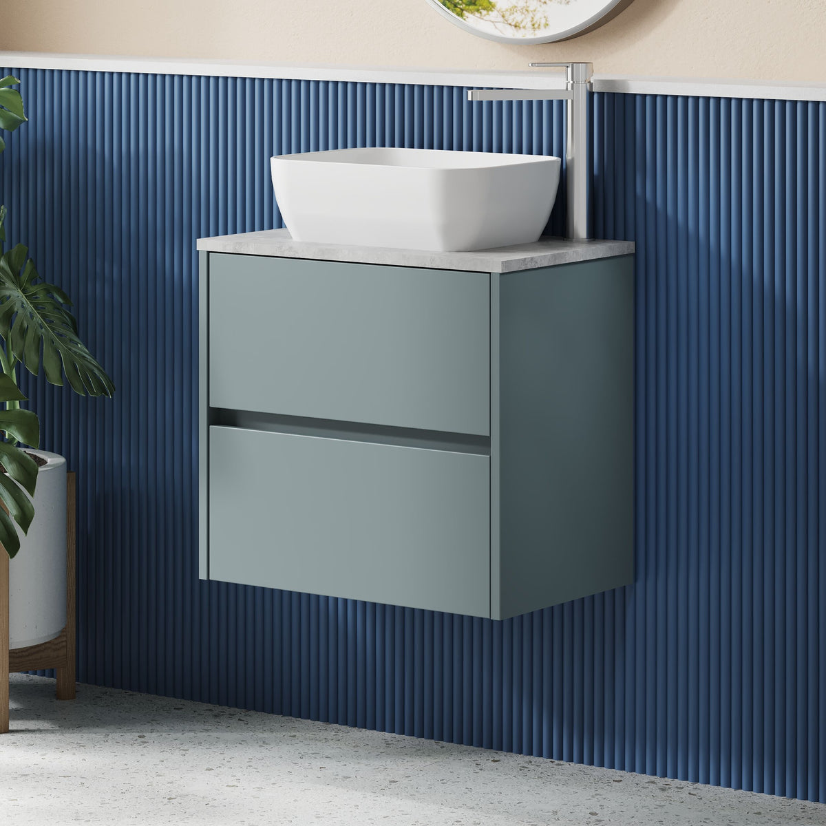 Modern Splash 600mm Coastal Grey 2 Drawer Wall Hung Vanity Unit With Bellato Grey Worktop