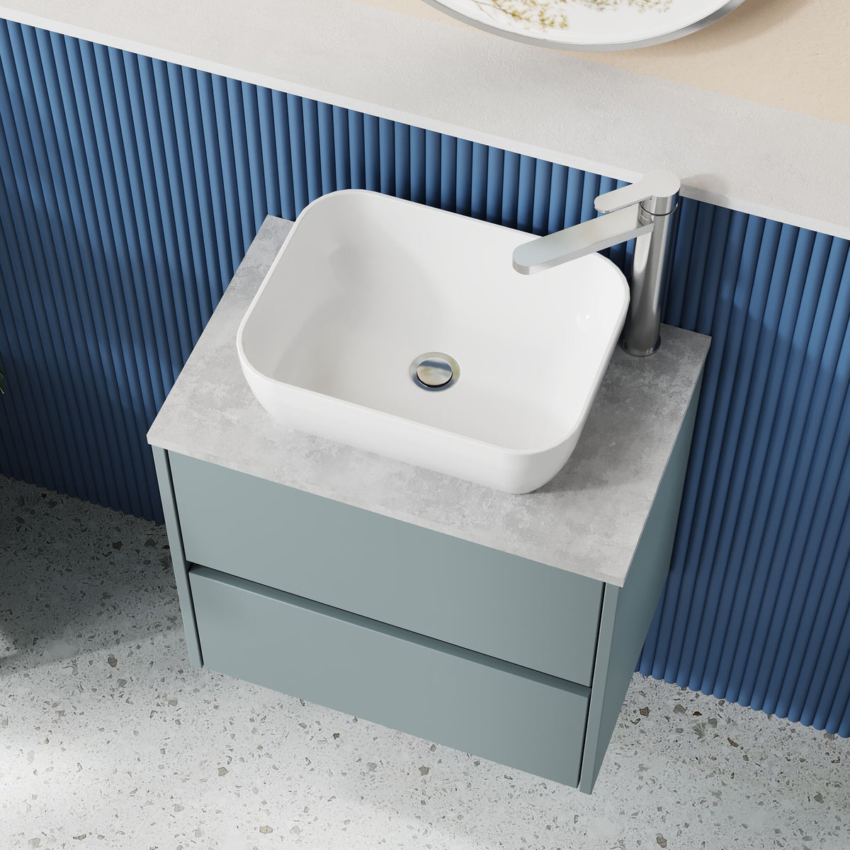 Modern Splash 600mm Coastal Grey 2 Drawer Wall Hung Vanity Unit With Bellato Grey Worktop