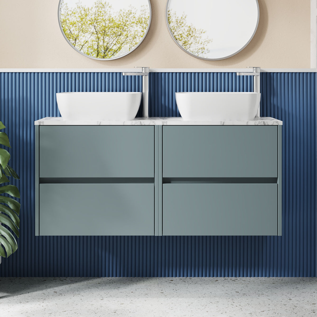 Modern Splash 1200mm Coastal Grey 4 Drawer Wall Hung Vanity With Carrara Laminate Worktop