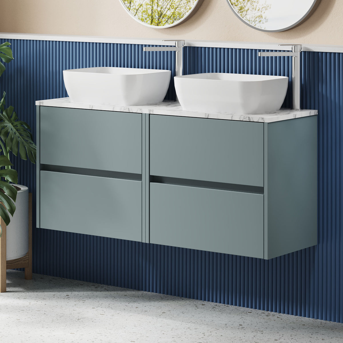Modern Splash 1200mm Coastal Grey 4 Drawer Wall Hung Vanity With Carrara Laminate Worktop