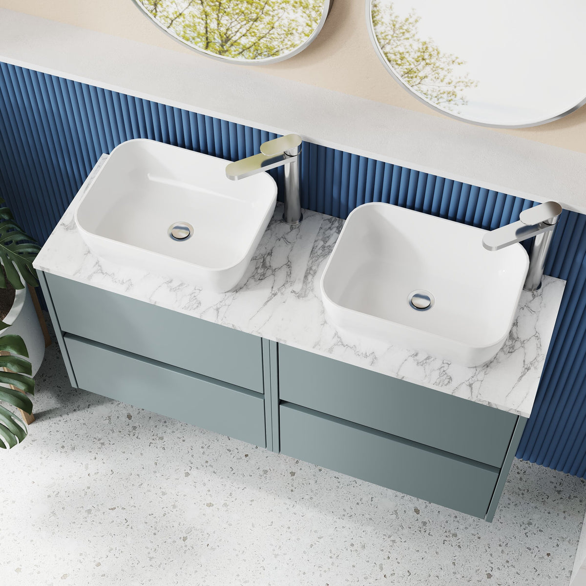 Modern Splash 1200mm Coastal Grey 4 Drawer Wall Hung Vanity With Carrara Laminate Worktop